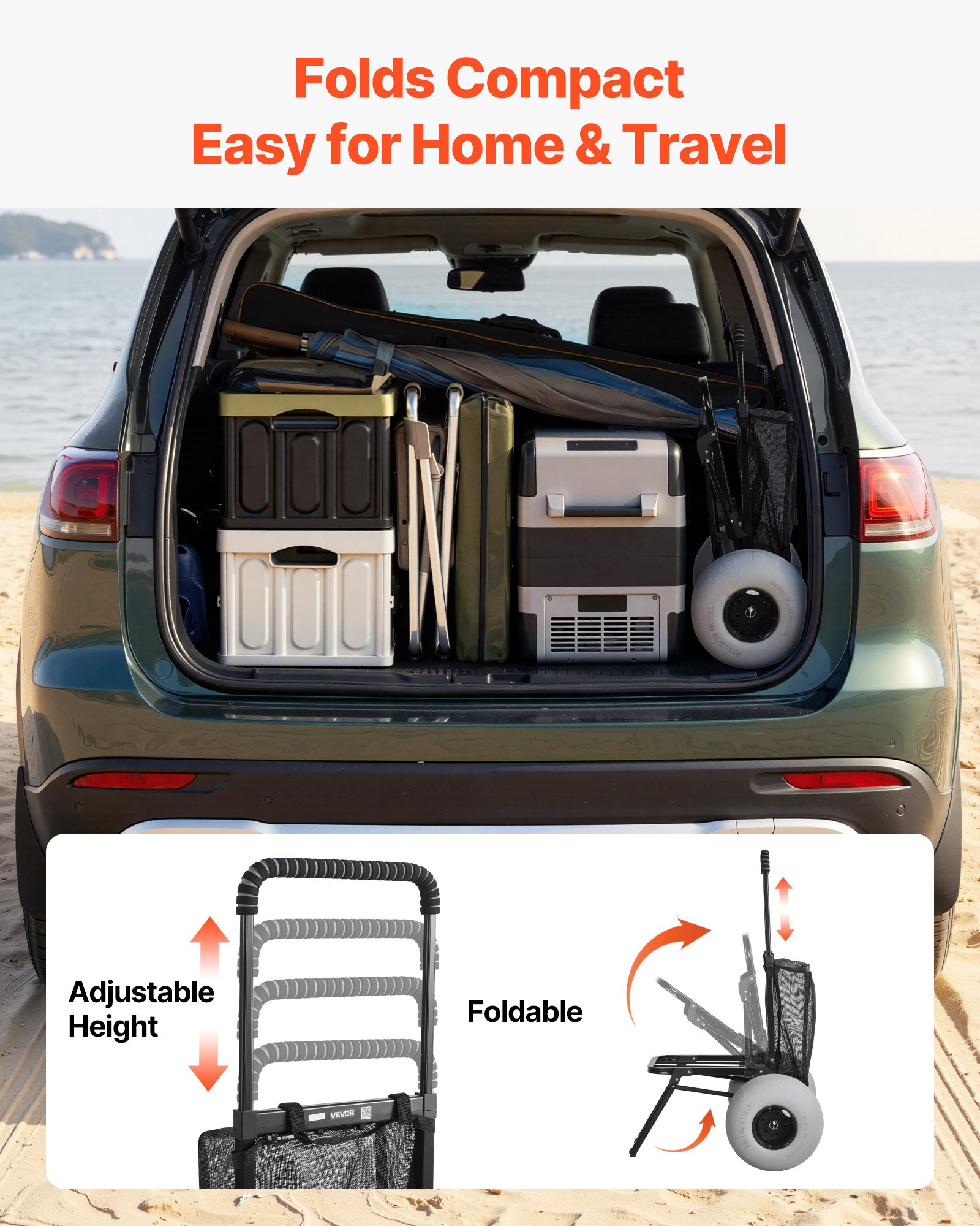 VEVOR Carro de Playa con Ruedas de Globo, Carrito Plegable Capacidad de Carga de 75 kg, Altura Ajustable de 85,5 a 115 cm, con Estructura de Acero, para Camping, Pesca, Eventos Deportivos, Picnics