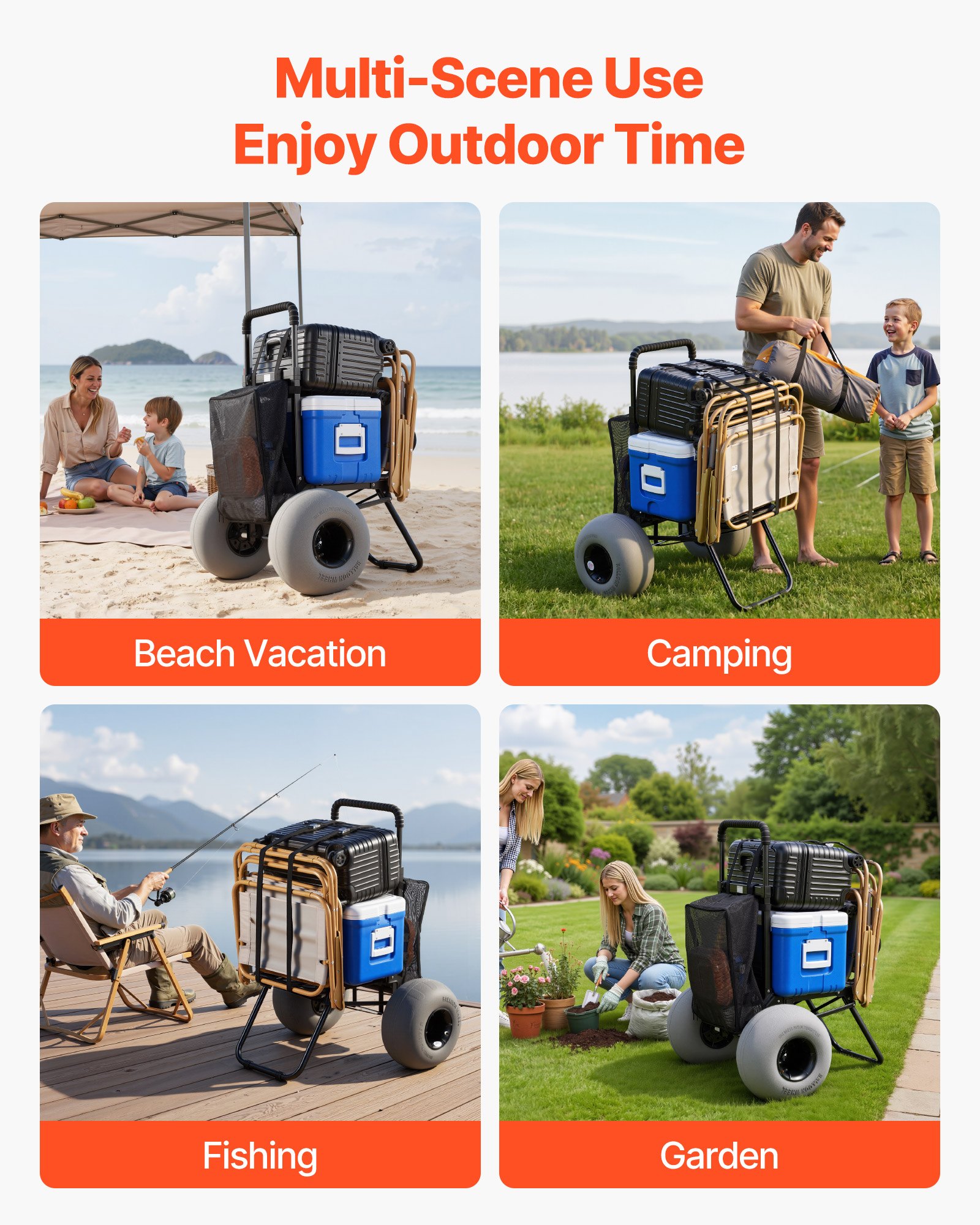 VEVOR Carro de Playa con Ruedas de Globo, Carrito Plegable Capacidad de Carga de 75 kg, Altura Ajustable de 85,5 a 115 cm, con Estructura de Acero, para Camping, Pesca, Eventos Deportivos, Picnics