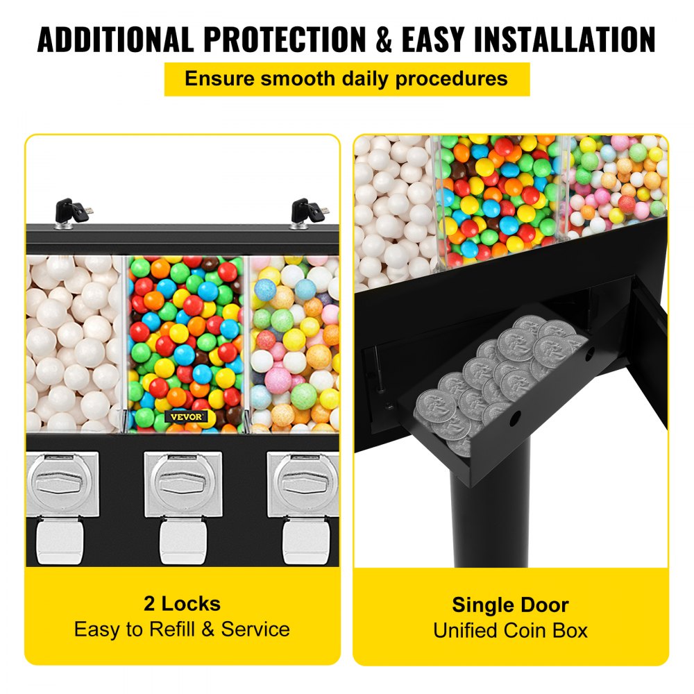 VEVOR Triple Gumball Bank Candy Ball Máquina expendedora 350pcs gomas 45Lbs Capacidad