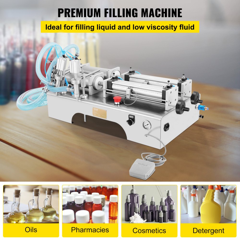 Máquina llenadora de líquidos VEVOR sobre mesa para aceites, farmacias, cosméticos y detergentes.