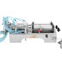 Máquina llenadora de líquidos VEVOR con boquillas dobles y mangueras azules sobre base de acero inoxidable.