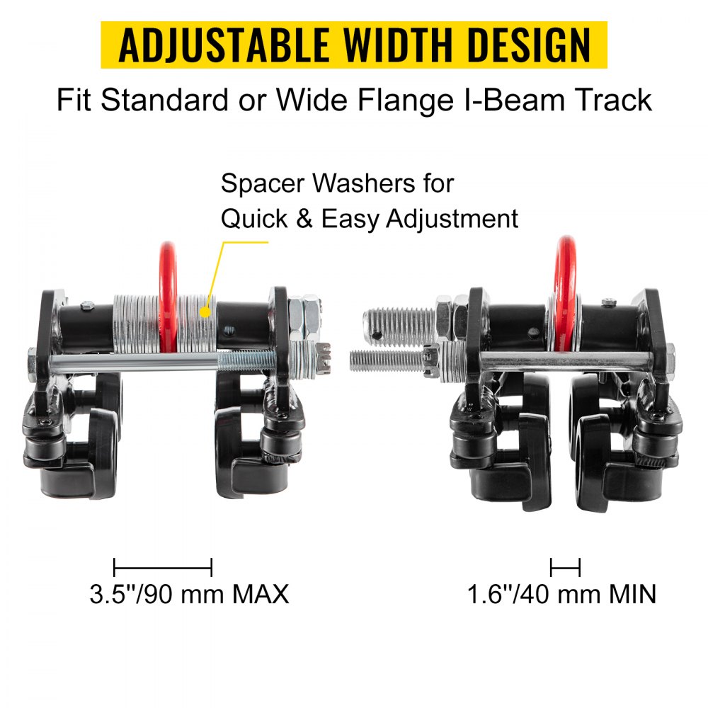 Carro manual VEVOR, carro de viga con capacidad de carga de 2200 LBS/1 tonelada, viga de empuje de ancho ajustable de 1,6"-3,5", carro de rodillos de oruga con ruedas dobles, polipasto de garaje para viga en I curvada recta