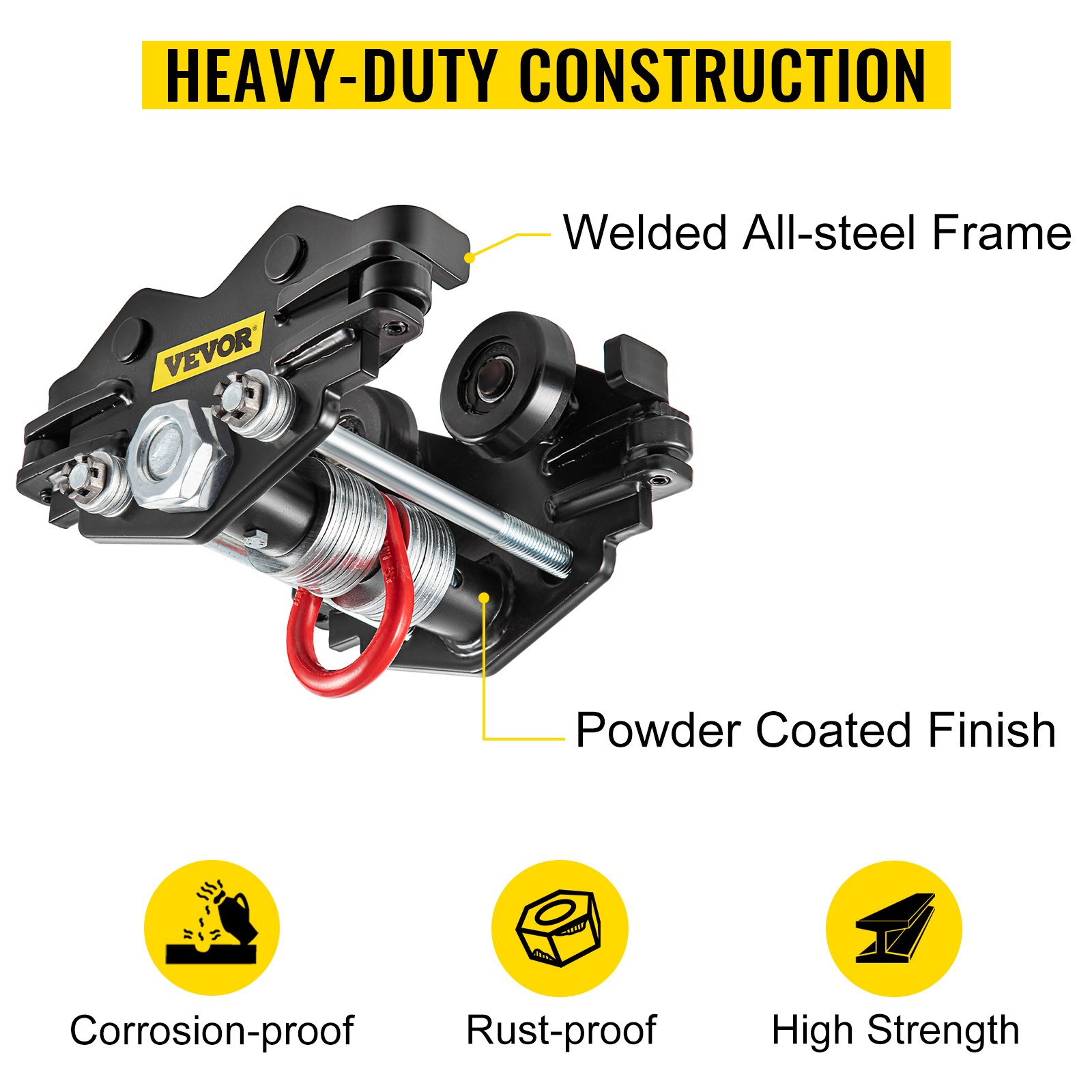 Carro manual VEVOR, carro de viga con capacidad de carga de 2200 LBS/1 tonelada, viga de empuje de ancho ajustable de 1,6"-3,5", carro de rodillos de oruga con ruedas dobles, polipasto de garaje para viga en I curvada recta