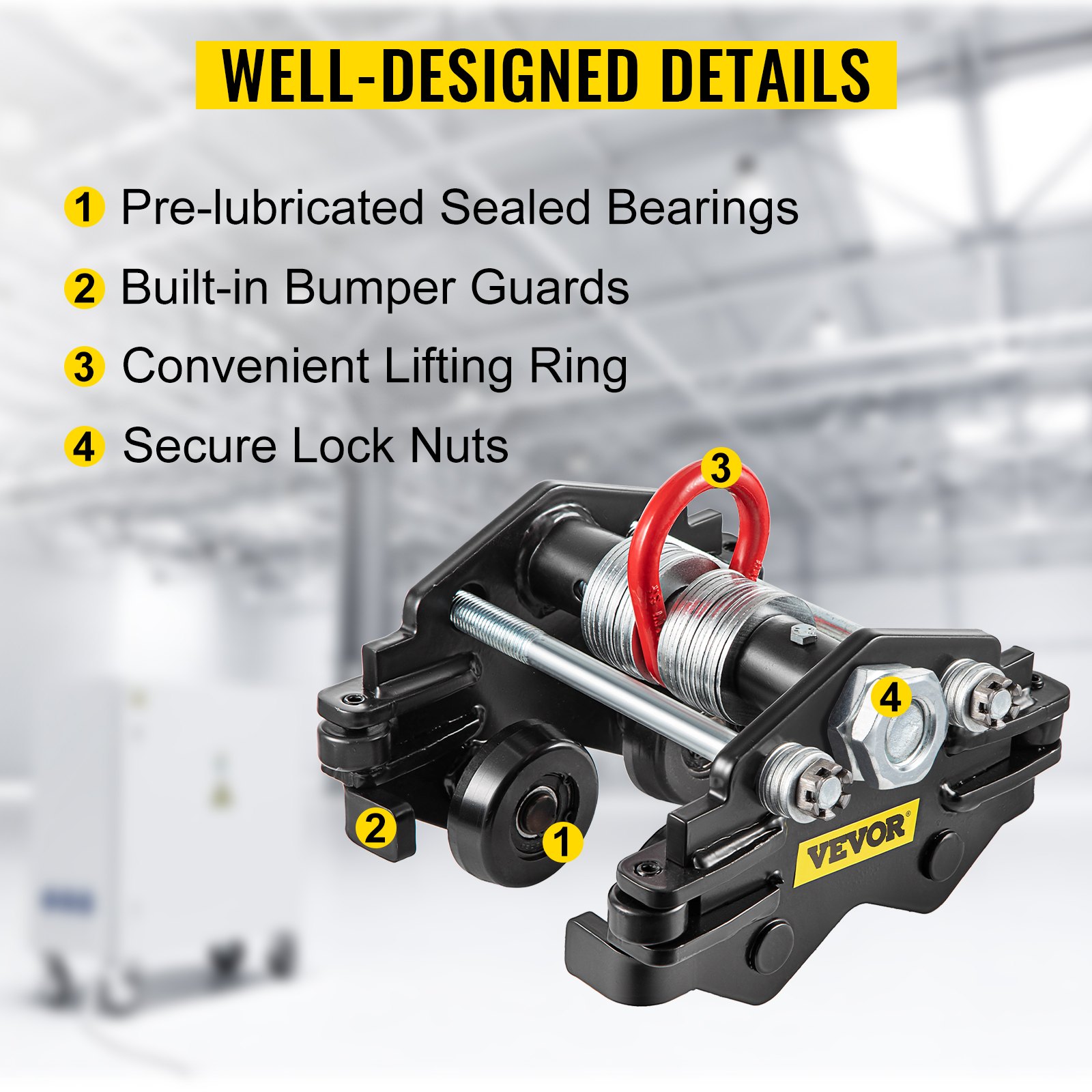 Carro manual VEVOR, carro de viga con capacidad de carga de 2200 LBS/1 tonelada, viga de empuje de ancho ajustable de 1,6"-3,5", carro de rodillos de oruga con ruedas dobles, polipasto de garaje para viga en I curvada recta