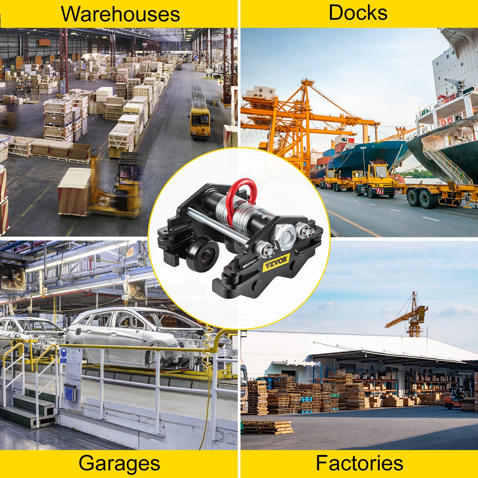 Carro manual VEVOR, carro de viga con capacidad de carga de 2200 LBS/1 tonelada, viga de empuje de ancho ajustable de 1,6"-3,5", carro de rodillos de oruga con ruedas dobles, polipasto de garaje para viga en I curvada recta