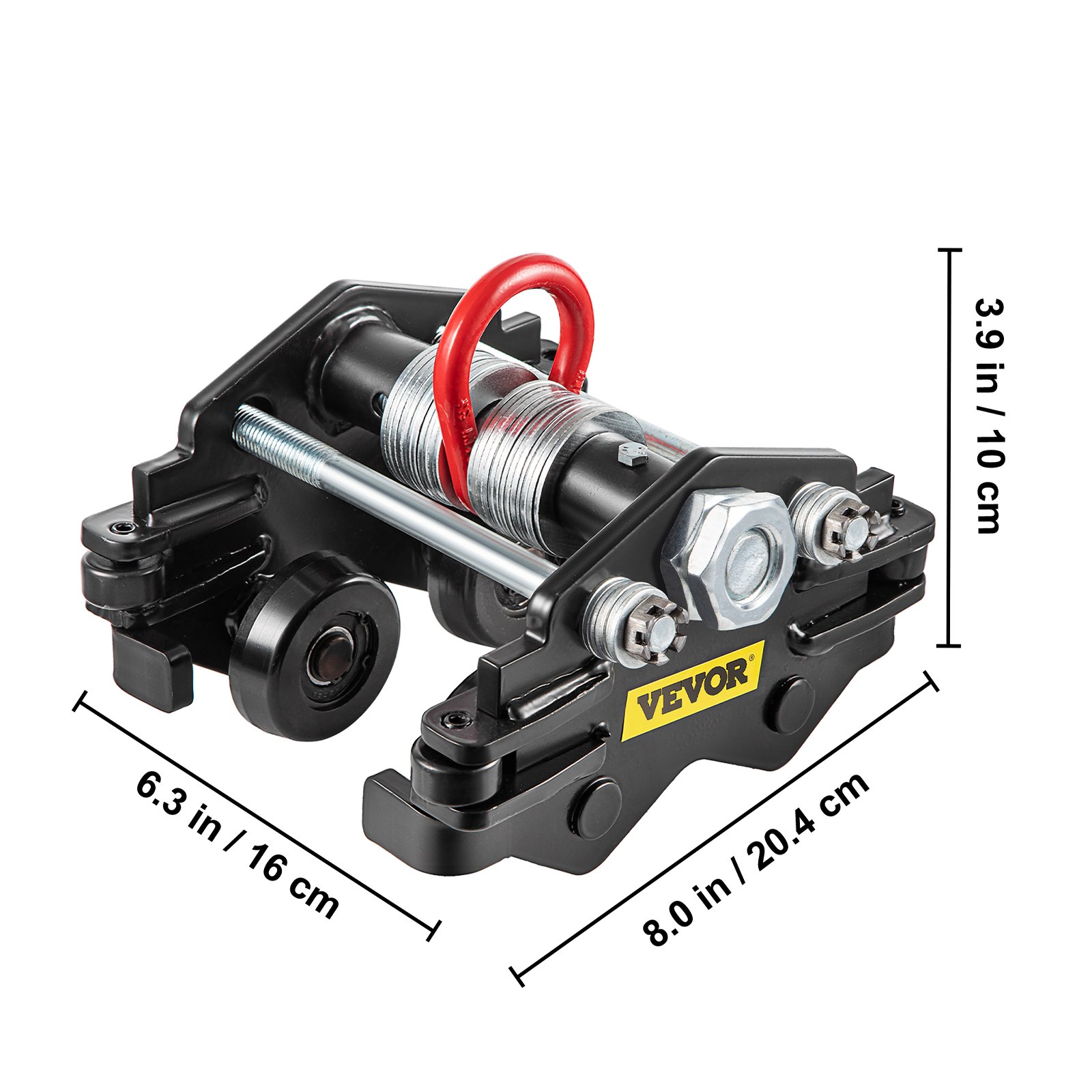 Carro manual VEVOR, carro de viga con capacidad de carga de 2200 LBS/1 tonelada, viga de empuje de ancho ajustable de 1,6"-3,5", carro de rodillos de oruga con ruedas dobles, polipasto de garaje para viga en I curvada recta
