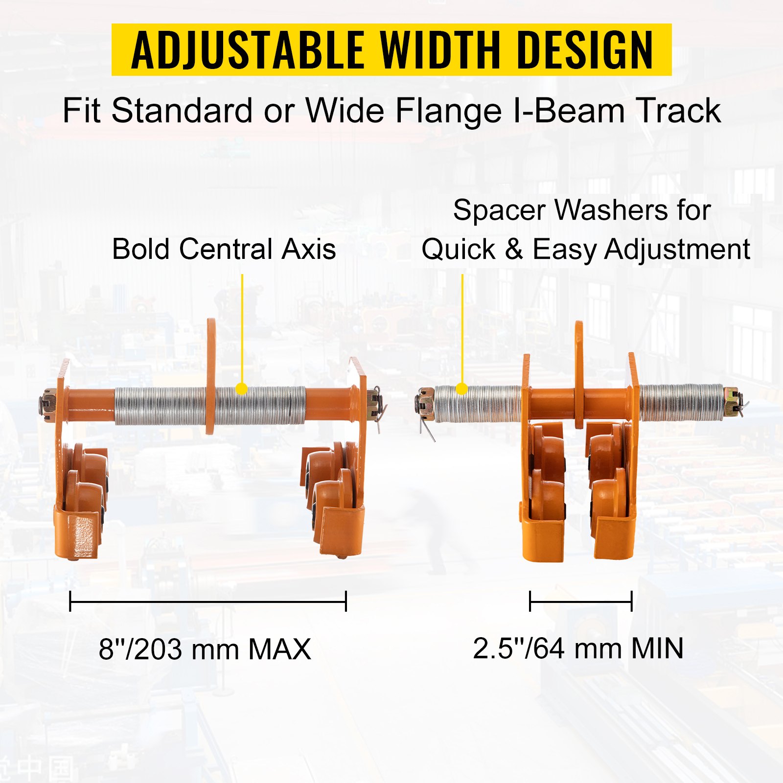Carro manual VEVOR con diseño de ancho ajustable para riel de viga en I, 203 mm máx., 64 mm mín.