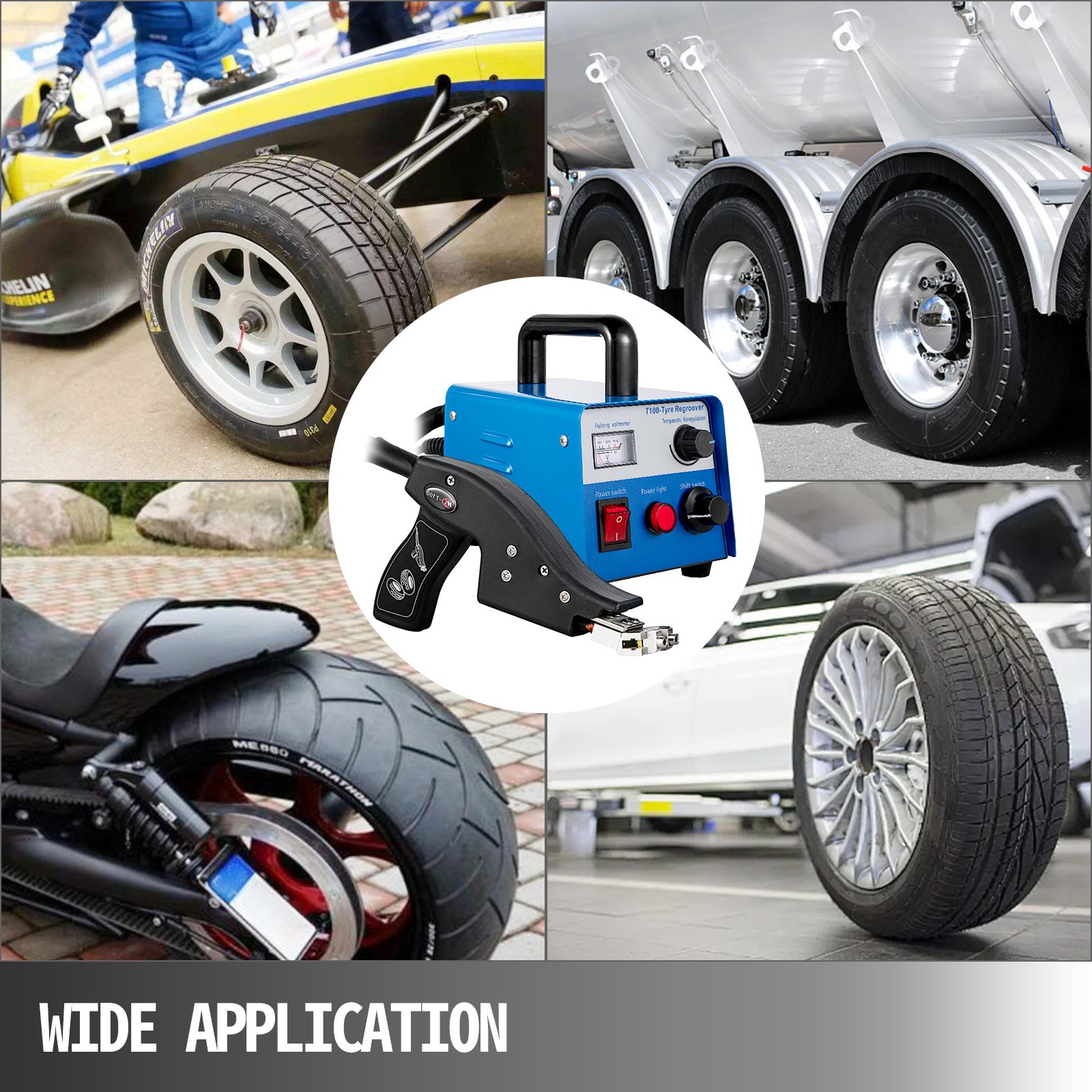 Ranurador de neumáticos VEVOR en diferentes aplicaciones de neumáticos: coche de carreras, camión, motocicleta, automóvil.