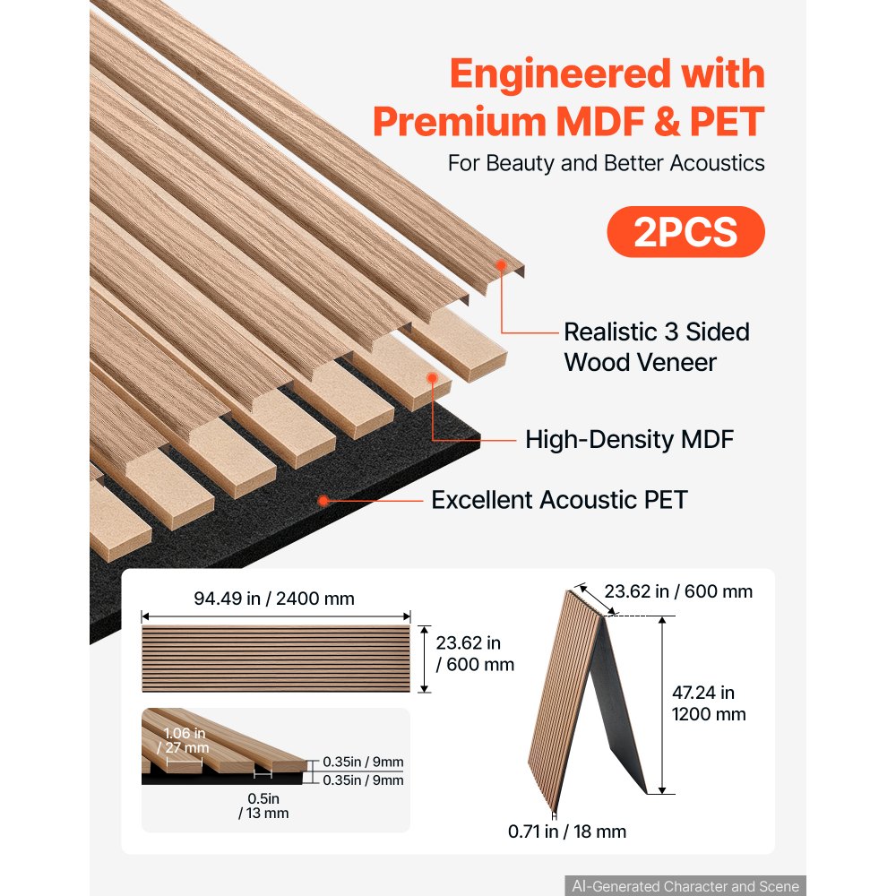 Paneles de pared de madera VEVOR, 240 x 60 cm, paneles acústicos de listones, color nogal, absorbentes de sonido para salas de estar, dormitorios, oficinas, estudios, decoración de paredes interiores, construcción de MDF y PET, kit de tornillos, paquete de 2