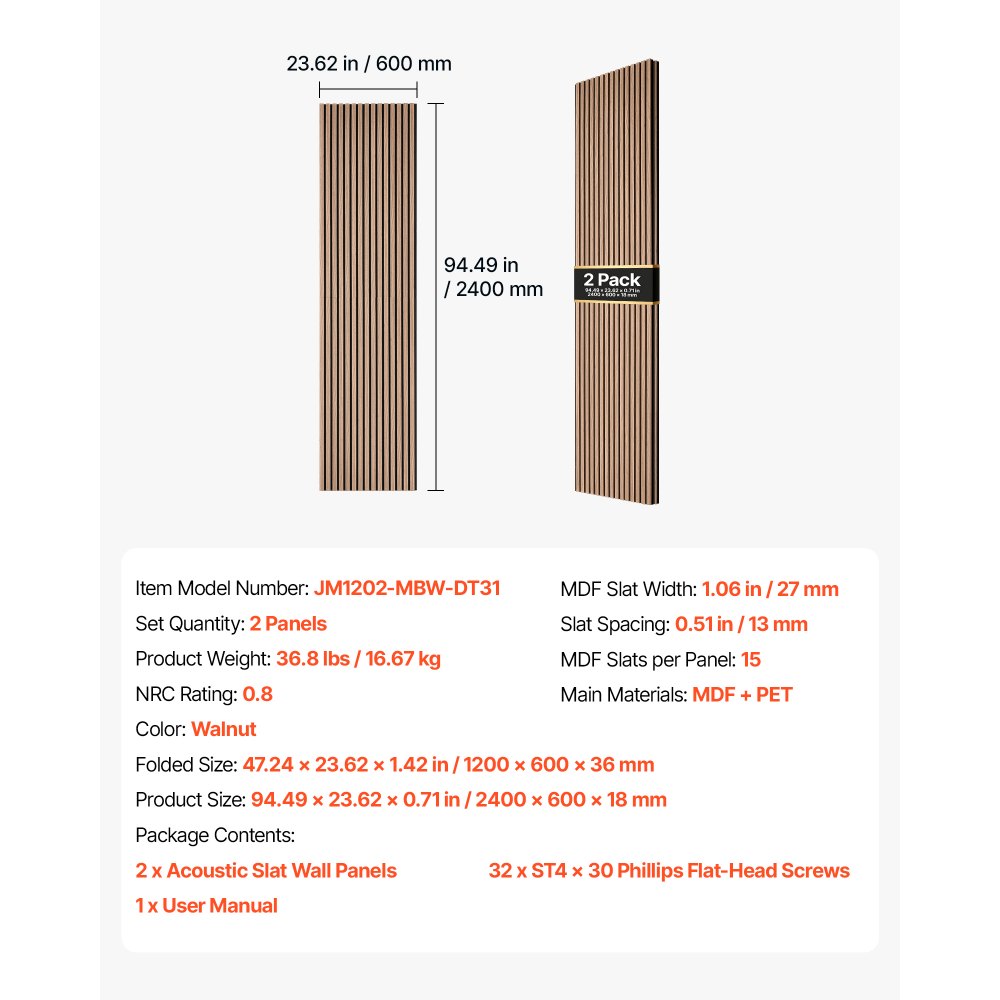 Paneles de pared de madera VEVOR, 240 x 60 cm, paneles acústicos de listones, color nogal, absorbentes de sonido para salas de estar, dormitorios, oficinas, estudios, decoración de paredes interiores, construcción de MDF y PET, kit de tornillos, paquete de 2