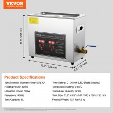 VEVOR Limpiador ultrasónico con temporizador digital y calentador, limpiador ultrasónico profesional de joyas, máquina de limpieza calentada de acero inoxidable para gafas, anillos de reloj, placa de circuito de piezas pequeñas (6 L)