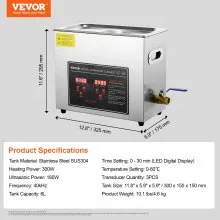 VEVOR Limpiador ultrasónico con temporizador digital y calentador, limpiador ultrasónico profesional de joyas, máquina de limpieza calentada de acero inoxidable para gafas, anillos de reloj, placa de circuito de piezas pequeñas (6 L)