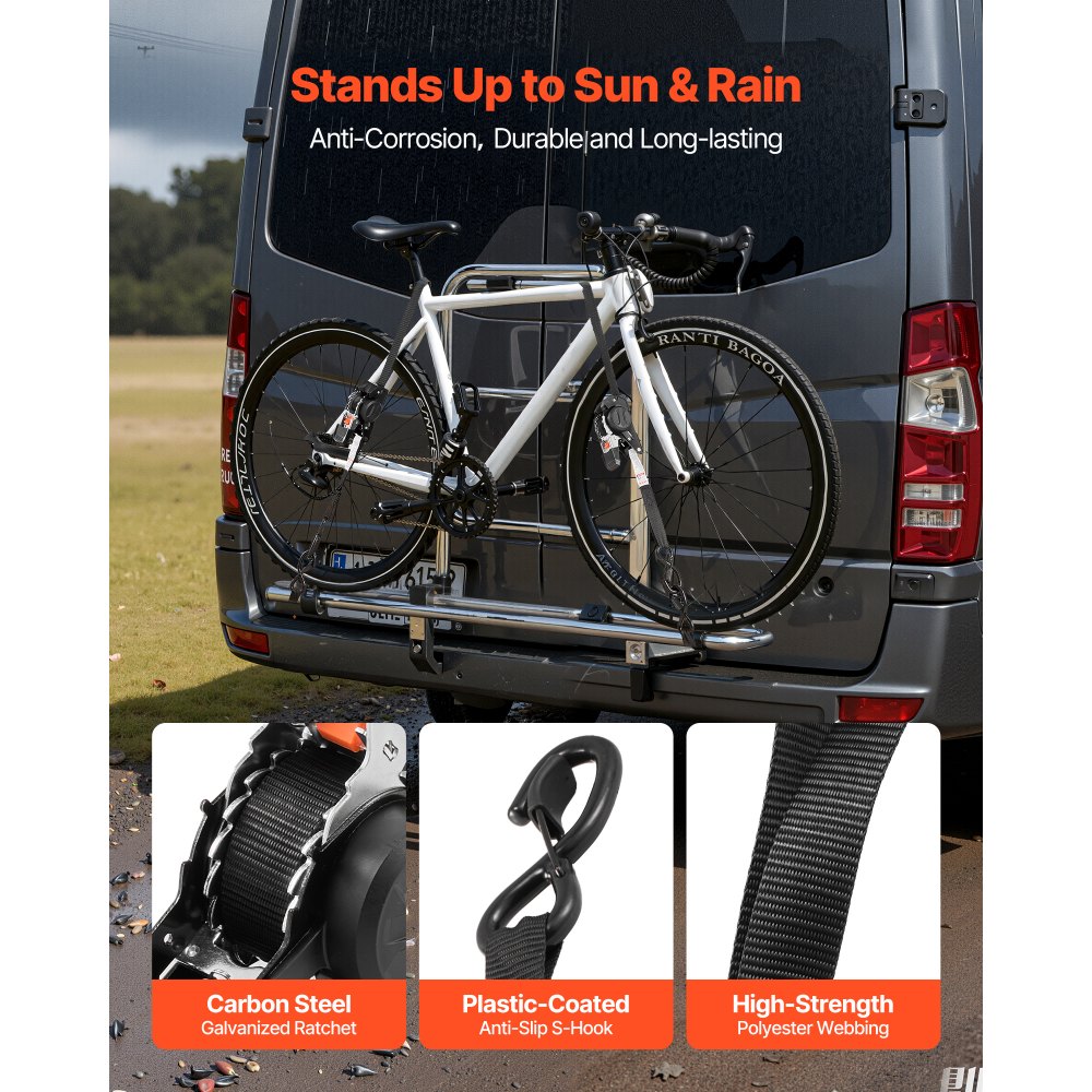 Correas de trinquete retráctiles VEVOR, 2,54 cm x 1,83 m, con ganchos en forma de S, resistencia a la rotura de 547 kg, 4 bucles suaves, trinquete de amarre para mudanzas, remolques, motocicletas, kayaks y techos de automóviles (paquete de 4)