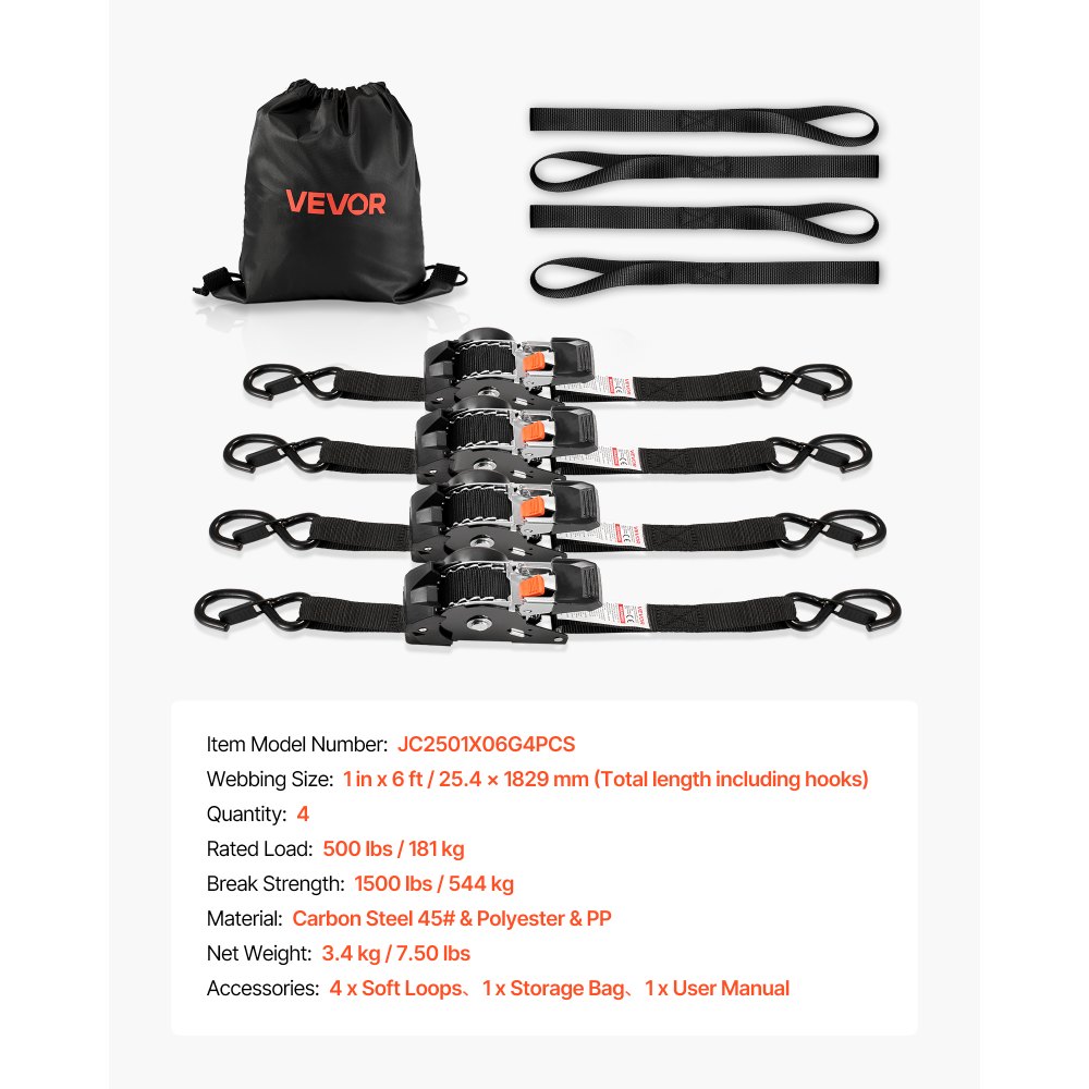 Correas de trinquete retráctiles VEVOR, 2,54 cm x 1,83 m, con ganchos en forma de S, resistencia a la rotura de 547 kg, 4 bucles suaves, trinquete de amarre para mudanzas, remolques, motocicletas, kayaks y techos de automóviles (paquete de 4)