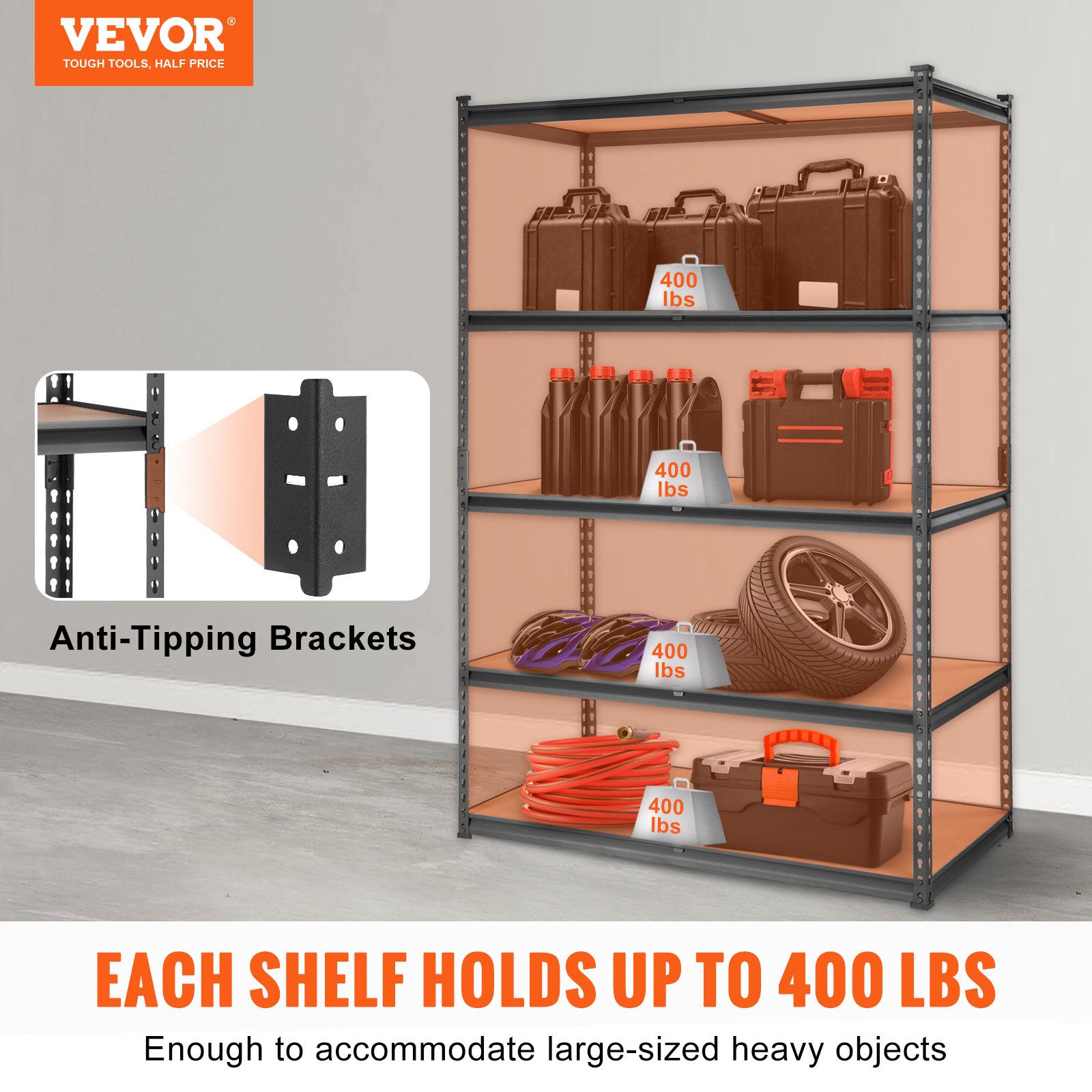 Estantería de almacenamiento VEVOR, ajustable, de 5 niveles, con capacidad de 907 kg, resistente, de metal, para garaje, color negro, 122 cm de largo x 61 cm de ancho x 183 cm de alto, ideal para cocina, despensa, sótano, baño, lavandería.