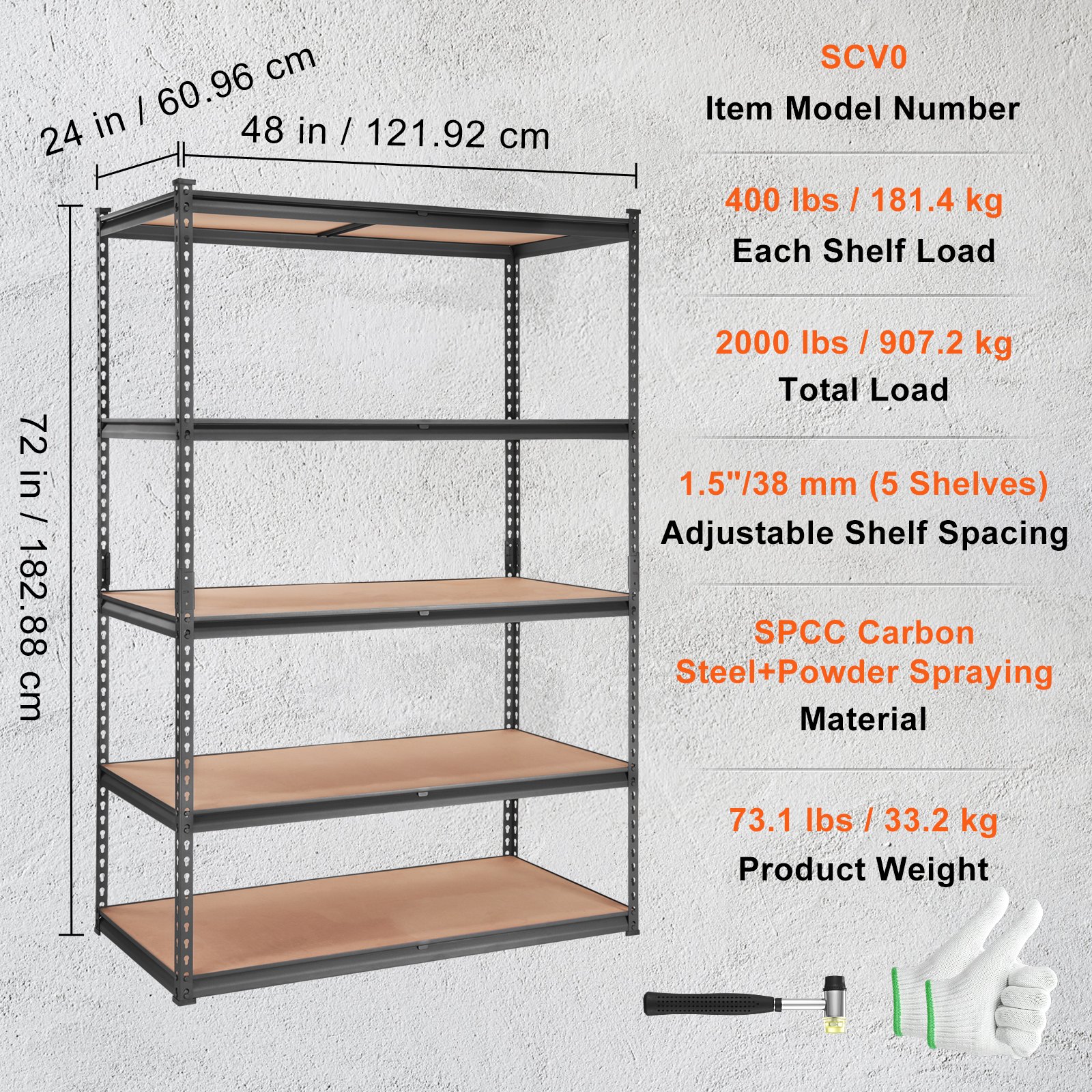 Estantería de almacenamiento VEVOR, ajustable, de 5 niveles, con capacidad de 907 kg, resistente, de metal, para garaje, color negro, 122 cm de largo x 61 cm de ancho x 183 cm de alto, ideal para cocina, despensa, sótano, baño, lavandería.