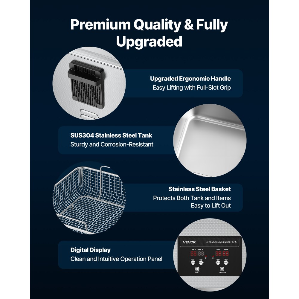 Limpiador ultrasónico VEVOR de 15 L, máquina limpiadora ultrasónica profesional con cesta de limpieza y pantalla digital, máquina de limpieza industrial de acero inoxidable de 240 W y 40 kHz para piezas, carburadores e instrumentos.