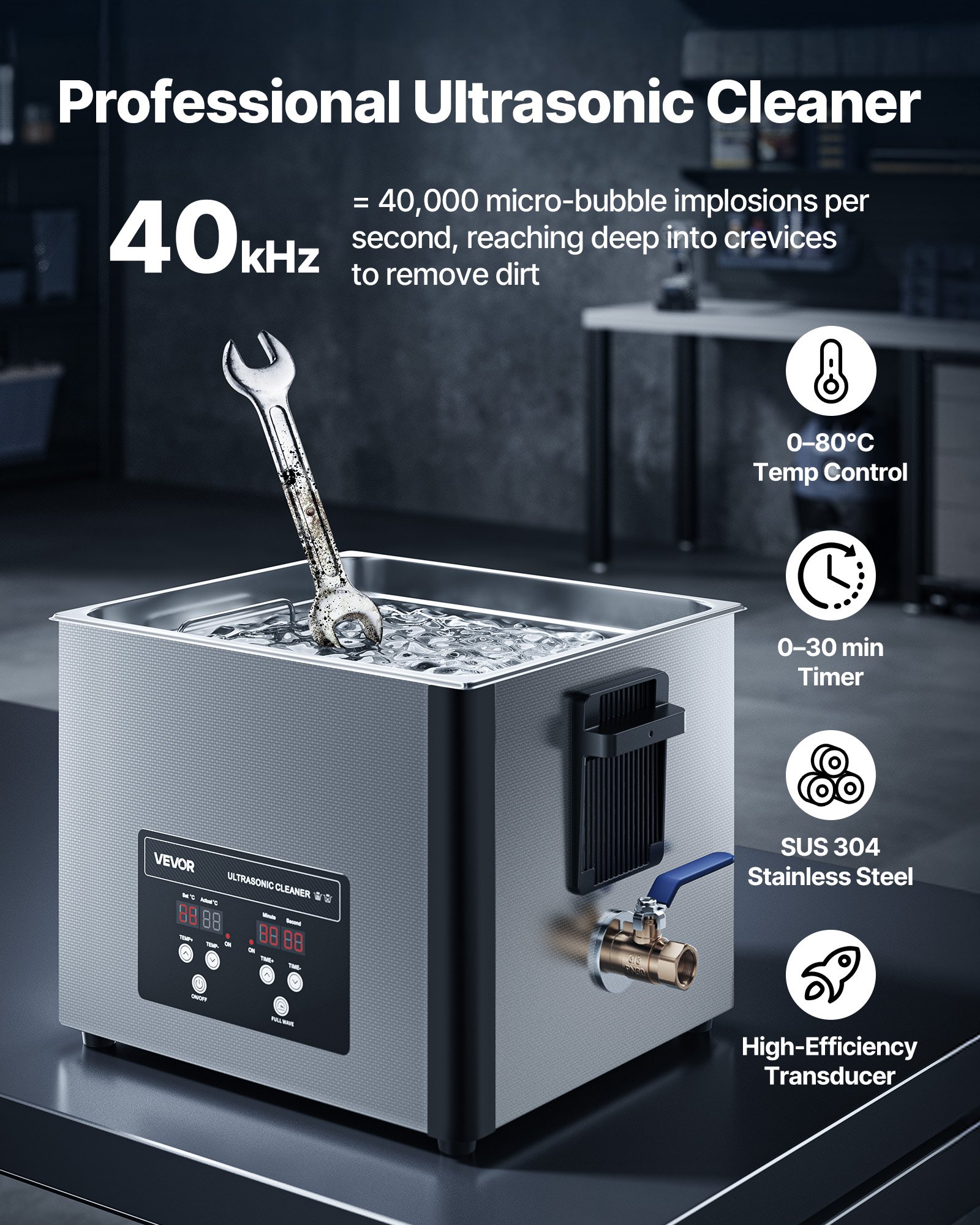 Limpiador ultrasónico VEVOR de 15 L, máquina limpiadora ultrasónica profesional con cesta de limpieza y pantalla digital, máquina de limpieza industrial de acero inoxidable de 240 W y 40 kHz para piezas, carburadores e instrumentos.