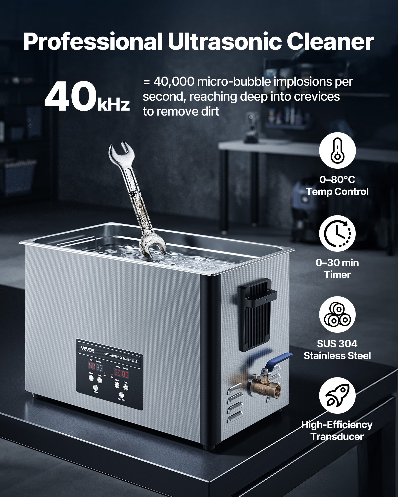Limpiador ultrasónico VEVOR de 30 litros, máquina limpiadora ultrasónica profesional con cesta de limpieza y pantalla digital, máquina de limpieza industrial de acero inoxidable de 480 W y 40 kHz para piezas, carburadores e instrumentos.