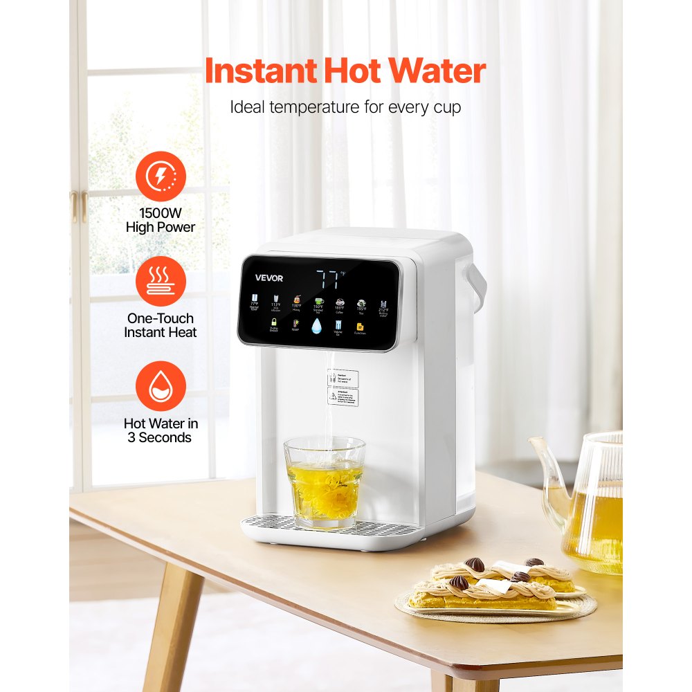 Dispensador de agua caliente instantánea VEVOR, dispensador de agua hirviendo de sobremesa con 7 temperaturas y 7 volúmenes de agua ajustables, depósito de agua extraíble de 3,5 litros (118 oz), calentamiento rápido con pantalla táctil y bloqueo infantil para el hogar