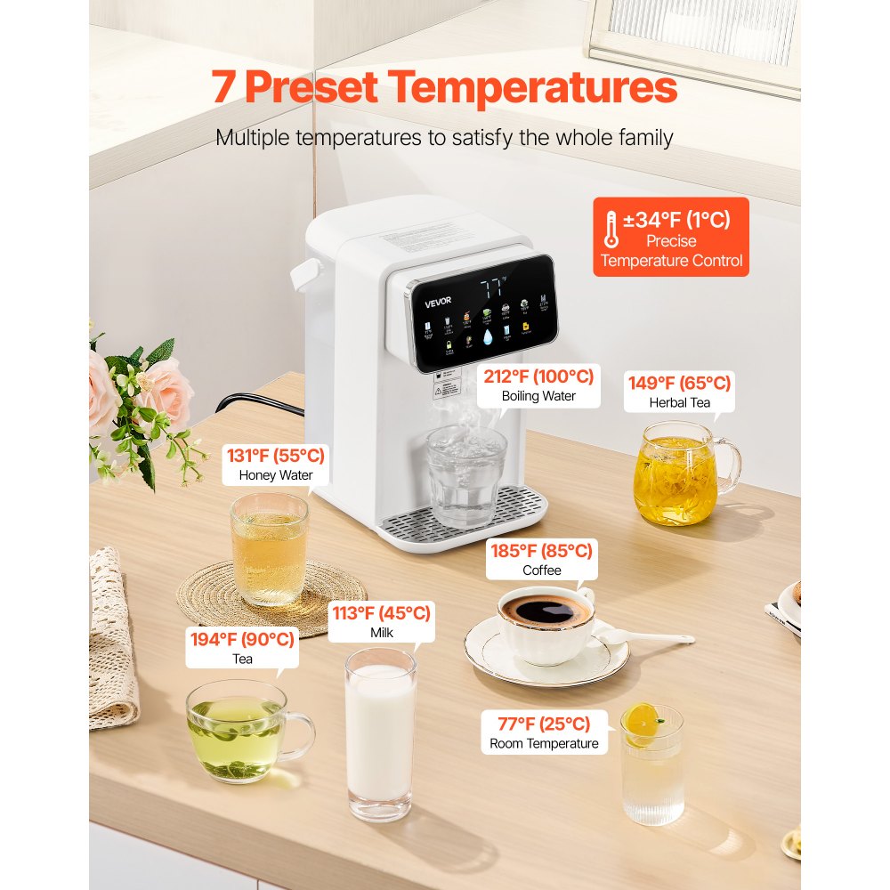 Dispensador de agua caliente instantánea VEVOR, dispensador de agua hirviendo de sobremesa con 7 temperaturas y 7 volúmenes de agua ajustables, depósito de agua extraíble de 3,5 litros (118 oz), calentamiento rápido con pantalla táctil y bloqueo infantil para el hogar