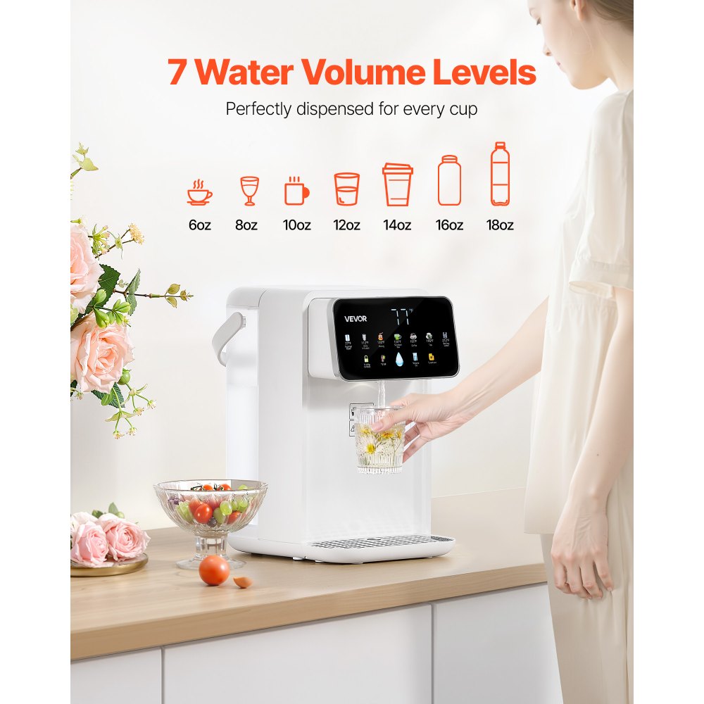 Dispensador de agua caliente instantánea VEVOR, dispensador de agua hirviendo de sobremesa con 7 temperaturas y 7 volúmenes de agua ajustables, depósito de agua extraíble de 3,5 litros (118 oz), calentamiento rápido con pantalla táctil y bloqueo infantil para el hogar