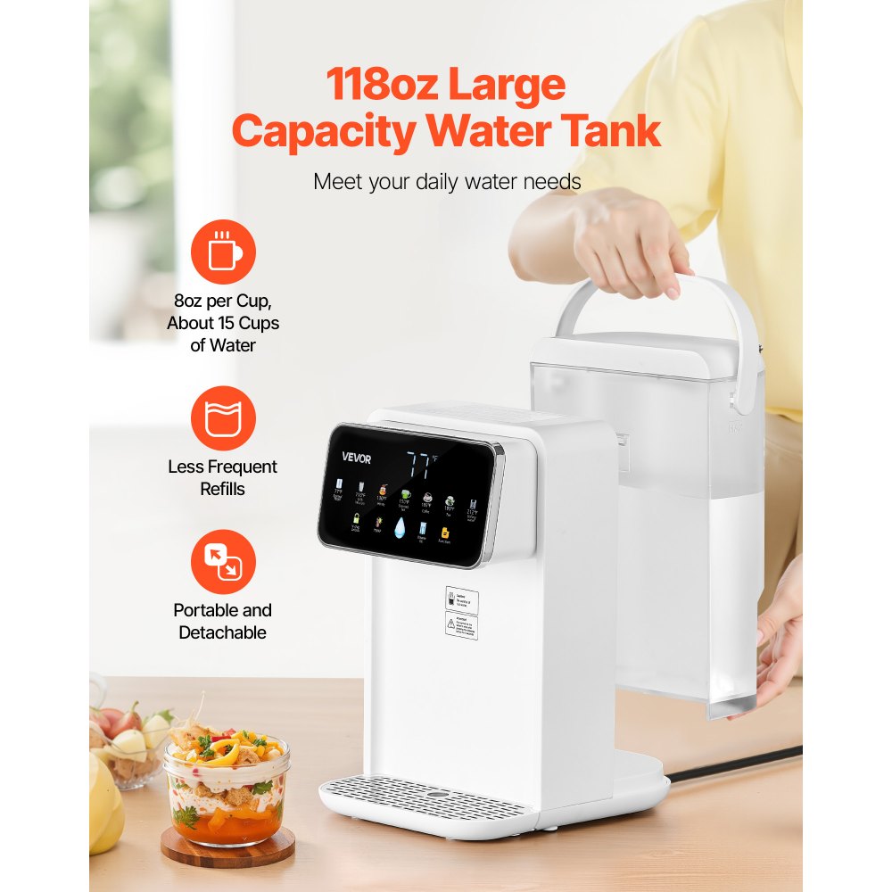 Dispensador de agua caliente instantánea VEVOR, dispensador de agua hirviendo de sobremesa con 7 temperaturas y 7 volúmenes de agua ajustables, depósito de agua extraíble de 3,5 litros (118 oz), calentamiento rápido con pantalla táctil y bloqueo infantil para el hogar