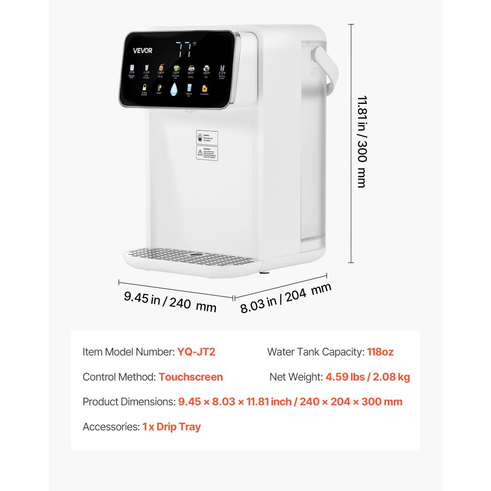 Dispensador de agua caliente instantánea VEVOR, dispensador de agua hirviendo de sobremesa con 7 temperaturas y 7 volúmenes de agua ajustables, depósito de agua extraíble de 3,5 litros (118 oz), calentamiento rápido con pantalla táctil y bloqueo infantil para el hogar