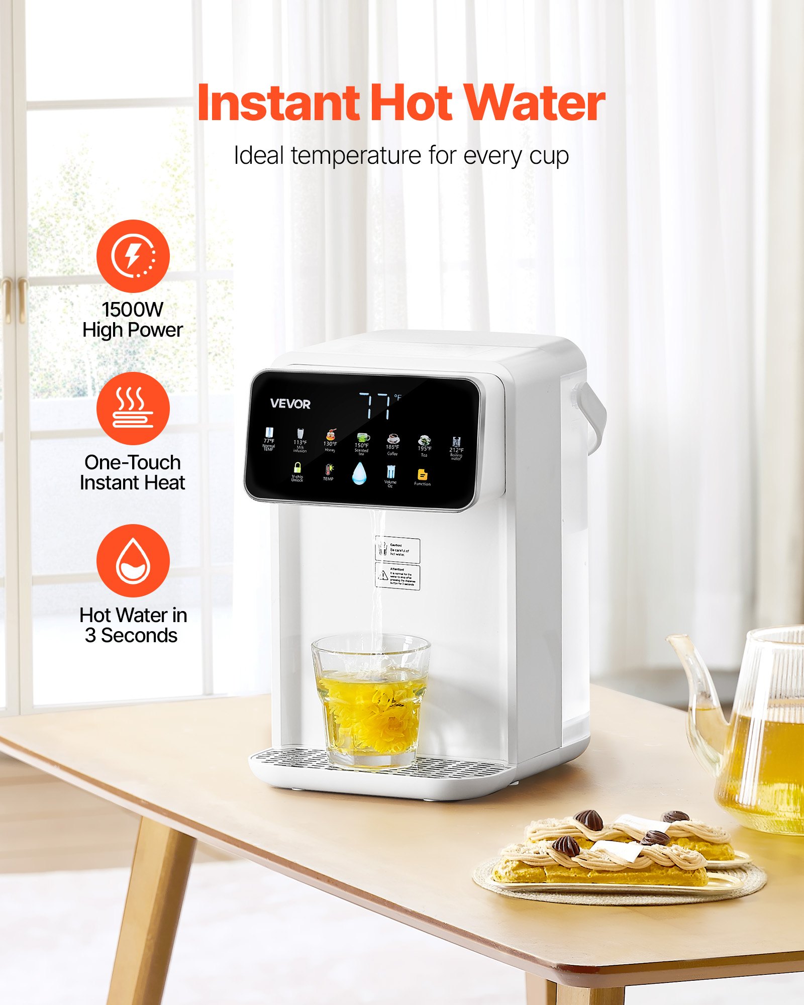 Dispensador de agua caliente instantánea VEVOR, dispensador de agua hirviendo de sobremesa con 7 temperaturas y 7 volúmenes de agua ajustables, depósito de agua extraíble de 3,5 litros (118 oz), calentamiento rápido con pantalla táctil y bloqueo infantil para el hogar