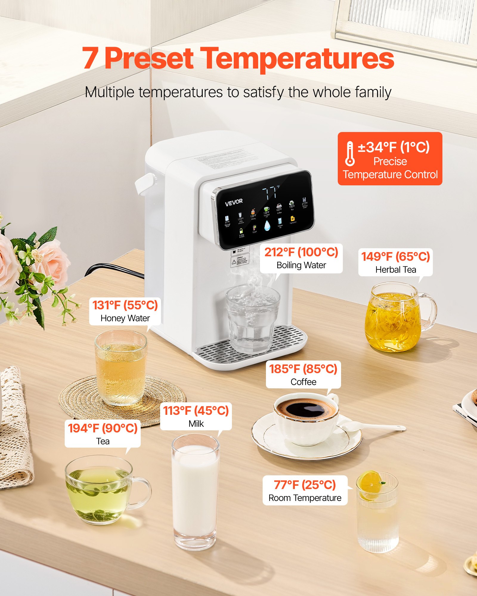 Dispensador de agua caliente instantánea VEVOR, dispensador de agua hirviendo de sobremesa con 7 temperaturas y 7 volúmenes de agua ajustables, depósito de agua extraíble de 3,5 litros (118 oz), calentamiento rápido con pantalla táctil y bloqueo infantil para el hogar