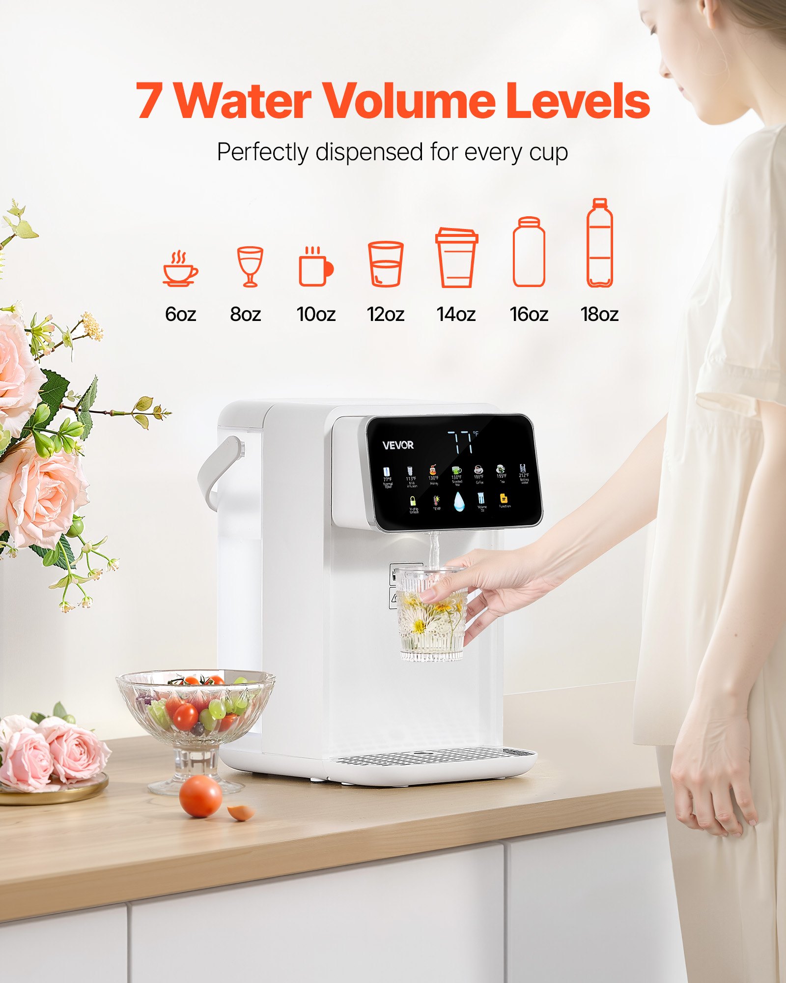 Dispensador de agua caliente instantánea VEVOR, dispensador de agua hirviendo de sobremesa con 7 temperaturas y 7 volúmenes de agua ajustables, depósito de agua extraíble de 3,5 litros (118 oz), calentamiento rápido con pantalla táctil y bloqueo infantil para el hogar
