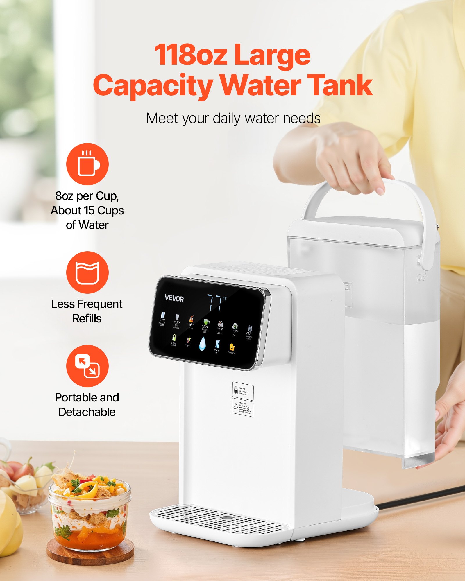 Dispensador de agua caliente instantánea VEVOR, dispensador de agua hirviendo de sobremesa con 7 temperaturas y 7 volúmenes de agua ajustables, depósito de agua extraíble de 3,5 litros (118 oz), calentamiento rápido con pantalla táctil y bloqueo infantil para el hogar