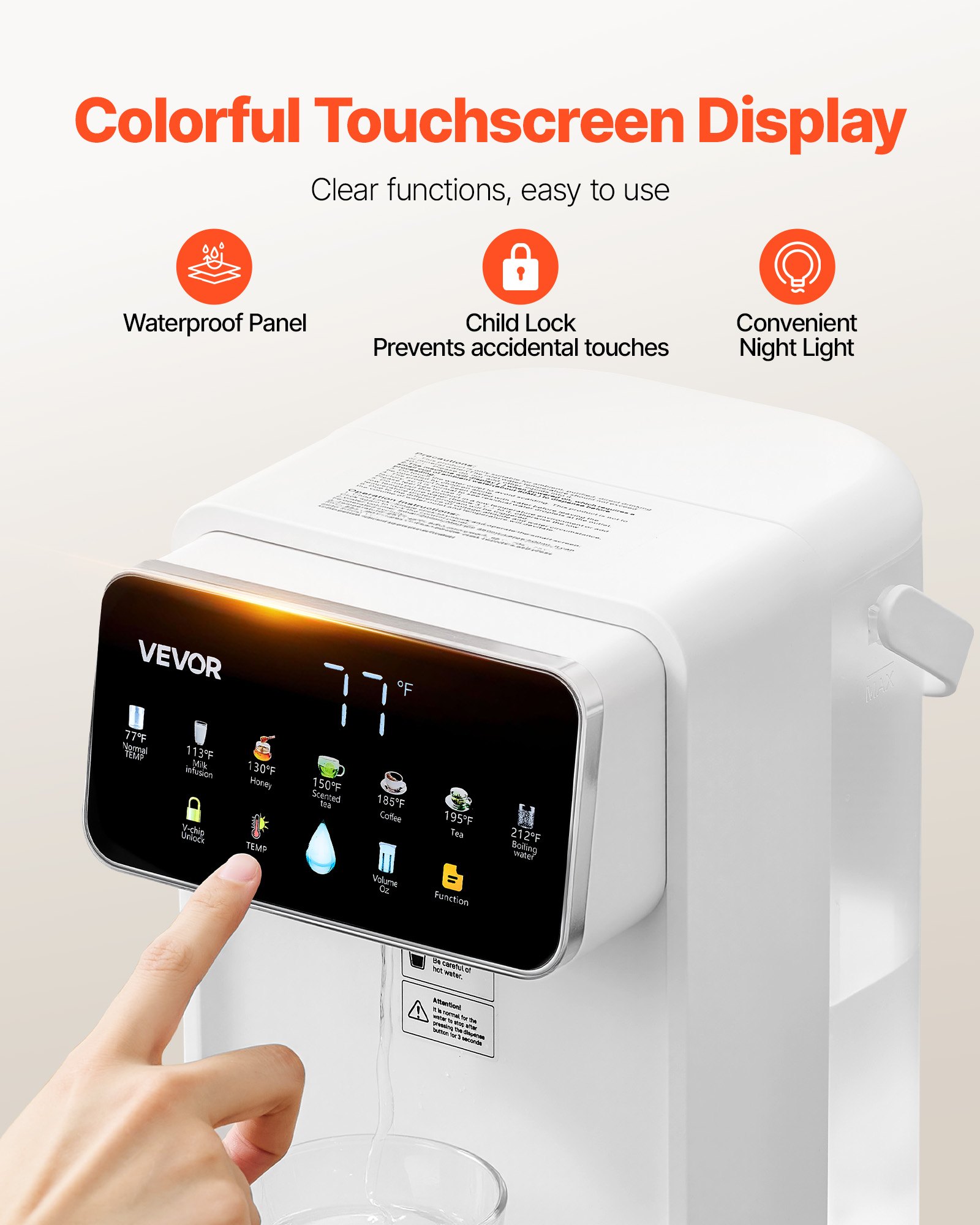 Dispensador de agua caliente instantánea VEVOR, dispensador de agua hirviendo de sobremesa con 7 temperaturas y 7 volúmenes de agua ajustables, depósito de agua extraíble de 3,5 litros (118 oz), calentamiento rápido con pantalla táctil y bloqueo infantil para el hogar