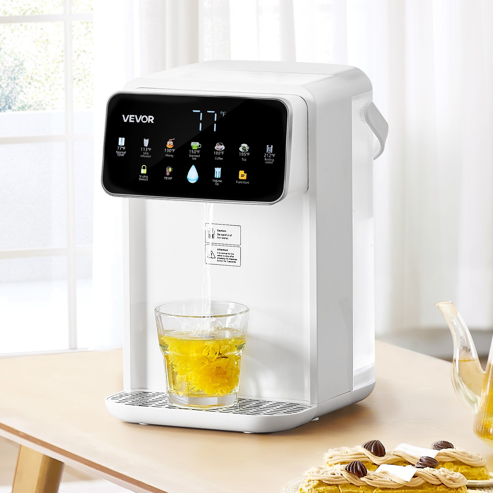 Dispensador de agua caliente instantánea VEVOR, dispensador de agua hirviendo de sobremesa con 7 temperaturas y 7 volúmenes de agua ajustables, depósito de agua extraíble de 3,5 litros (118 oz), calentamiento rápido con pantalla táctil y bloqueo infantil para el hogar
