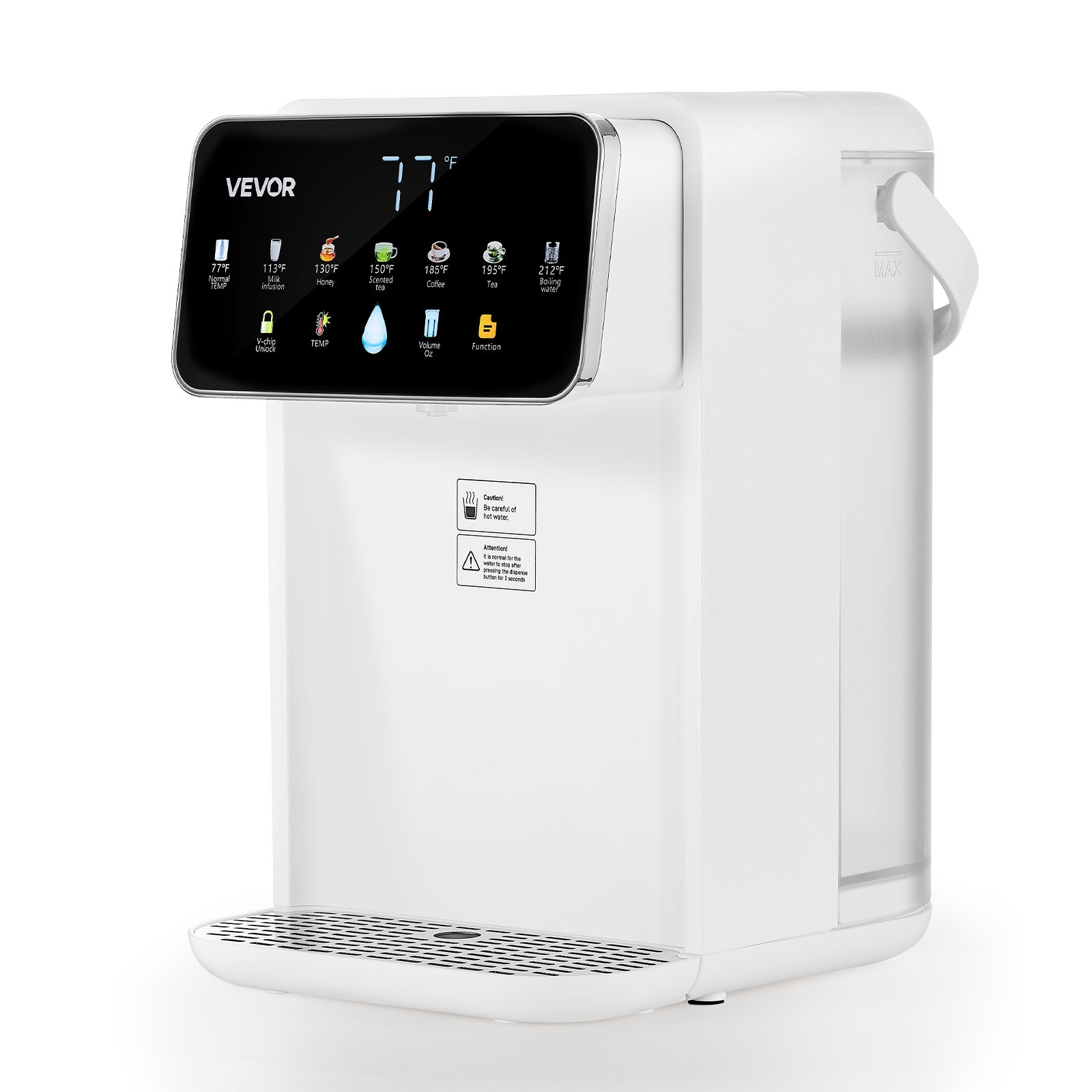 Dispensador de agua caliente instantánea VEVOR, dispensador de agua hirviendo de sobremesa con 7 temperaturas y 7 volúmenes de agua ajustables, depósito de agua extraíble de 3,5 litros (118 oz), calentamiento rápido con pantalla táctil y bloqueo infantil para el hogar