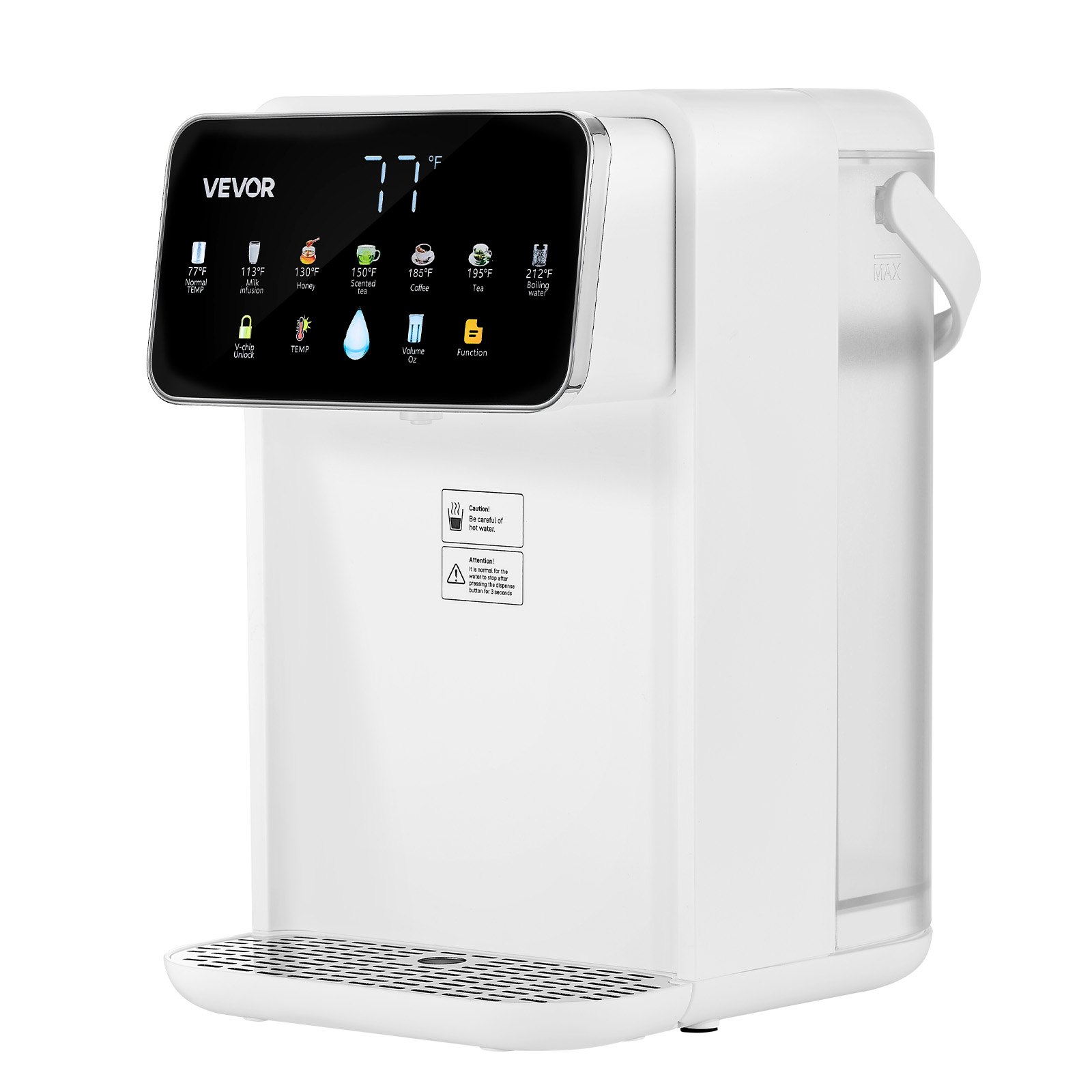 Dispensador de agua caliente instantánea VEVOR, dispensador de agua hirviendo de sobremesa con 7 temperaturas y 7 volúmenes de agua ajustables, depósito de agua extraíble de 3,5 litros (118 oz), calentamiento rápido con pantalla táctil y bloqueo infantil para el hogar