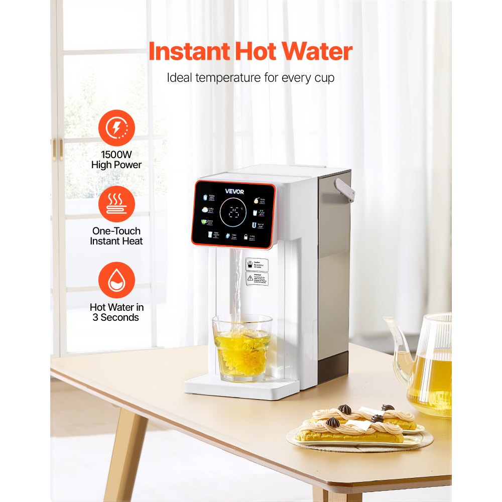 Dispensador de agua caliente instantánea VEVOR, dispensador de agua hirviendo de sobremesa con 6 temperaturas y 7 volúmenes de agua ajustables, depósito de agua extraíble de 3 litros (101 oz), calentamiento rápido con pantalla táctil y bloqueo infantil para el hogar