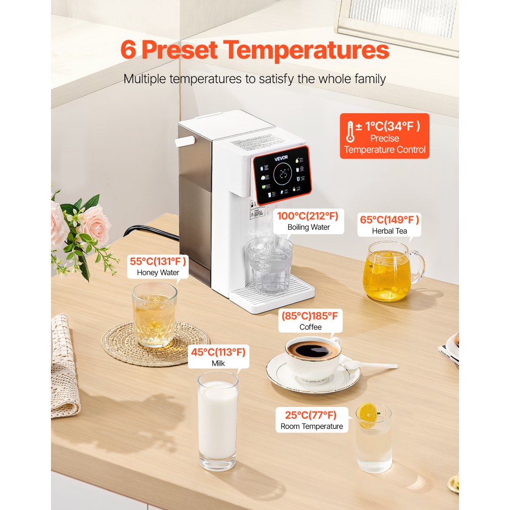 Dispensador de agua caliente instantánea VEVOR, dispensador de agua hirviendo de sobremesa con 6 temperaturas y 7 volúmenes de agua ajustables, depósito de agua extraíble de 3 litros (101 oz), calentamiento rápido con pantalla táctil y bloqueo infantil para el hogar