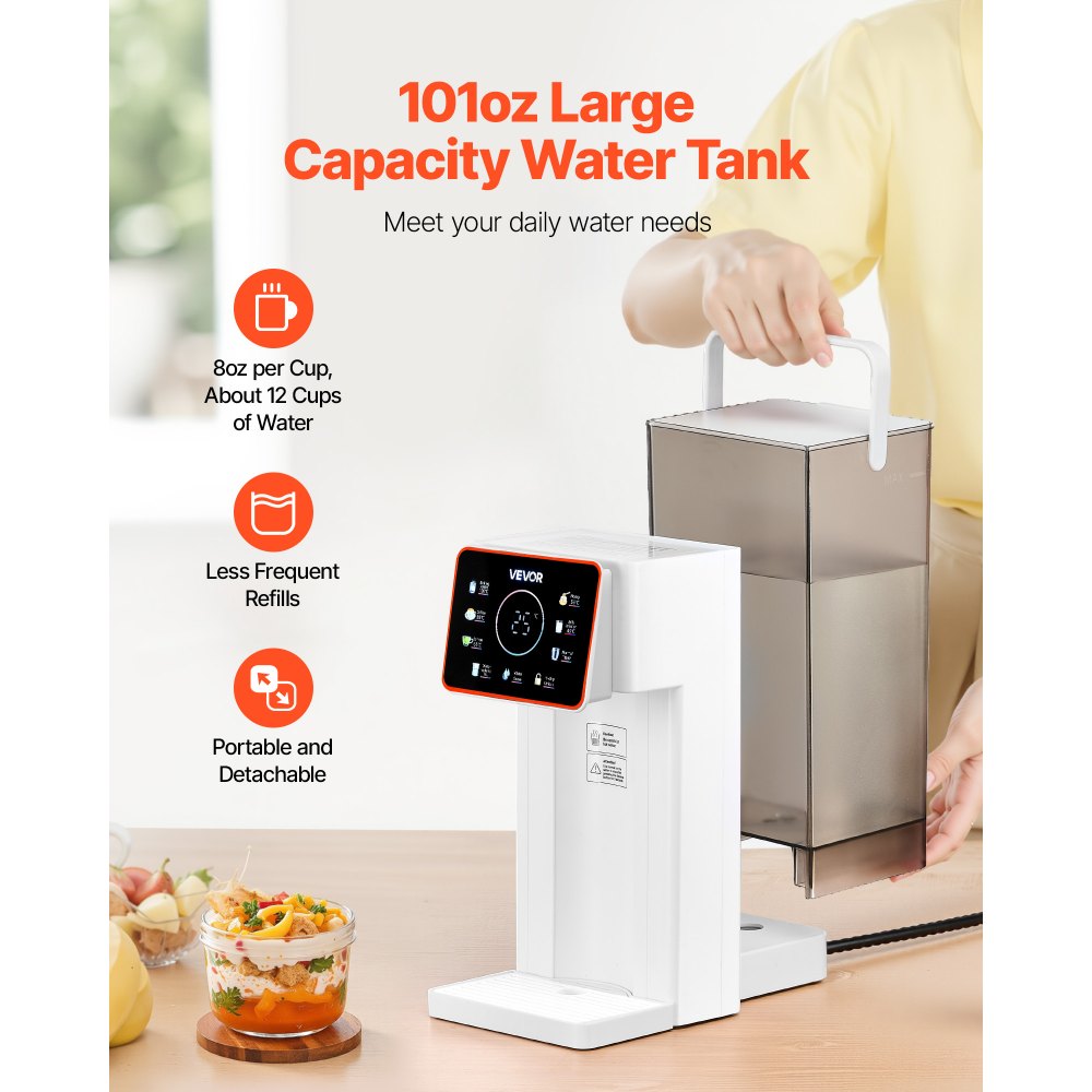 Dispensador de agua caliente instantánea VEVOR, dispensador de agua hirviendo de sobremesa con 6 temperaturas y 7 volúmenes de agua ajustables, depósito de agua extraíble de 3 litros (101 oz), calentamiento rápido con pantalla táctil y bloqueo infantil para el hogar