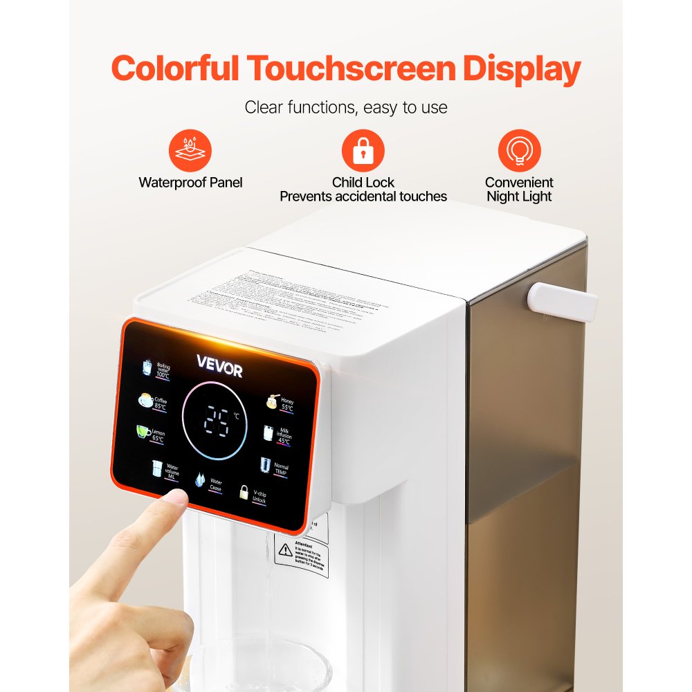 Dispensador de agua caliente instantánea VEVOR, dispensador de agua hirviendo de sobremesa con 6 temperaturas y 7 volúmenes de agua ajustables, depósito de agua extraíble de 3 litros (101 oz), calentamiento rápido con pantalla táctil y bloqueo infantil para el hogar