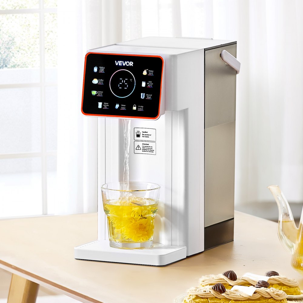 Dispensador de agua caliente instantánea VEVOR, dispensador de agua hirviendo de sobremesa con 6 temperaturas y 7 volúmenes de agua ajustables, depósito de agua extraíble de 3 litros (101 oz), calentamiento rápido con pantalla táctil y bloqueo infantil para el hogar