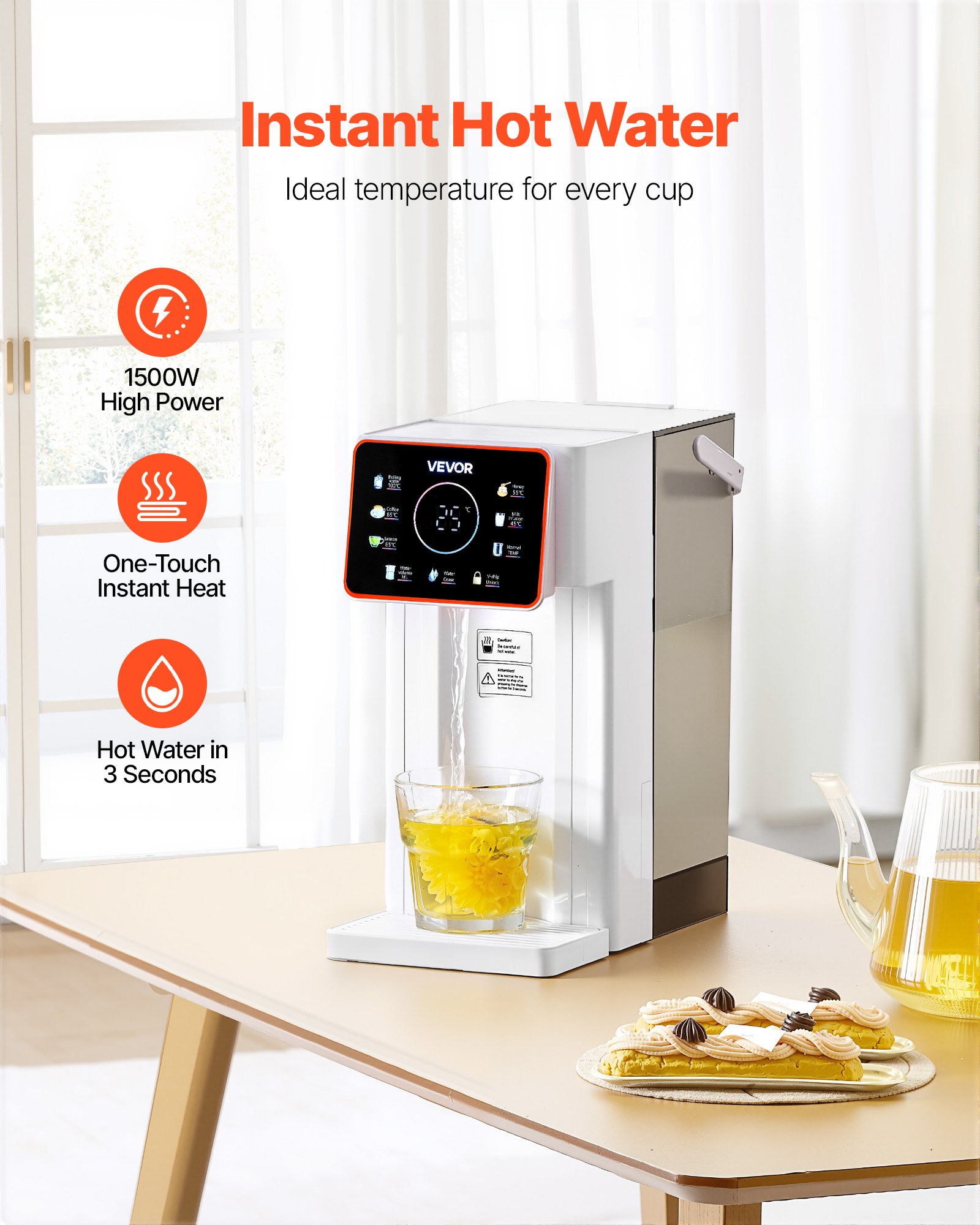 Dispensador de agua caliente instantánea VEVOR, dispensador de agua hirviendo de sobremesa con 6 temperaturas y 7 volúmenes de agua ajustables, depósito de agua extraíble de 3 litros (101 oz), calentamiento rápido con pantalla táctil y bloqueo infantil para el hogar