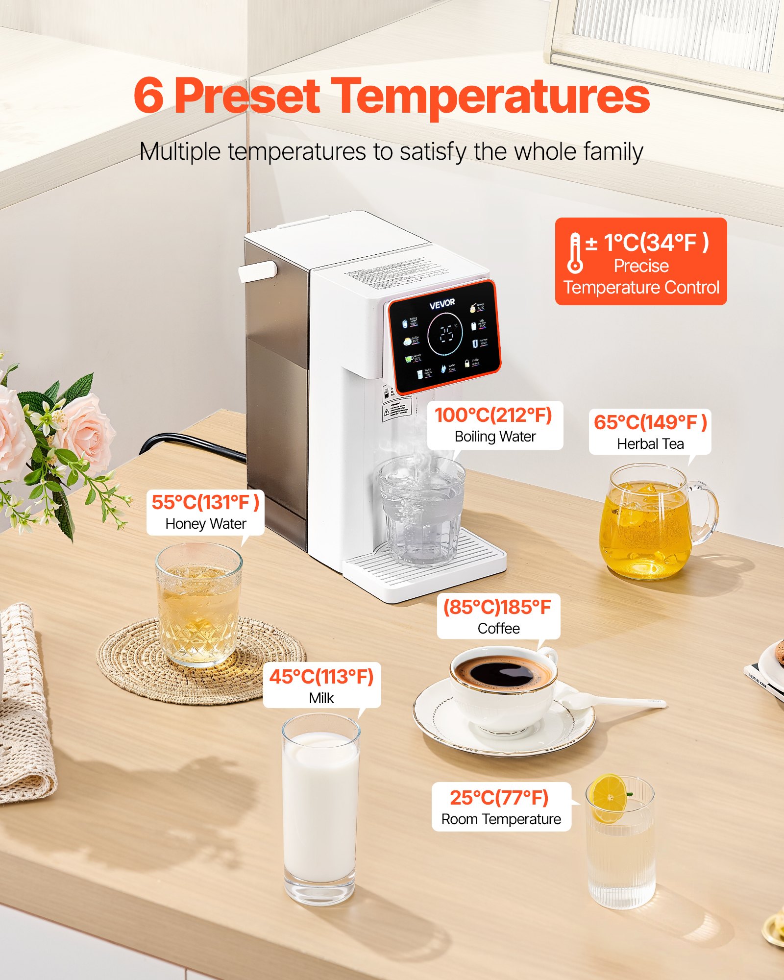 Dispensador de agua caliente instantánea VEVOR, dispensador de agua hirviendo de sobremesa con 6 temperaturas y 7 volúmenes de agua ajustables, depósito de agua extraíble de 3 litros (101 oz), calentamiento rápido con pantalla táctil y bloqueo infantil para el hogar