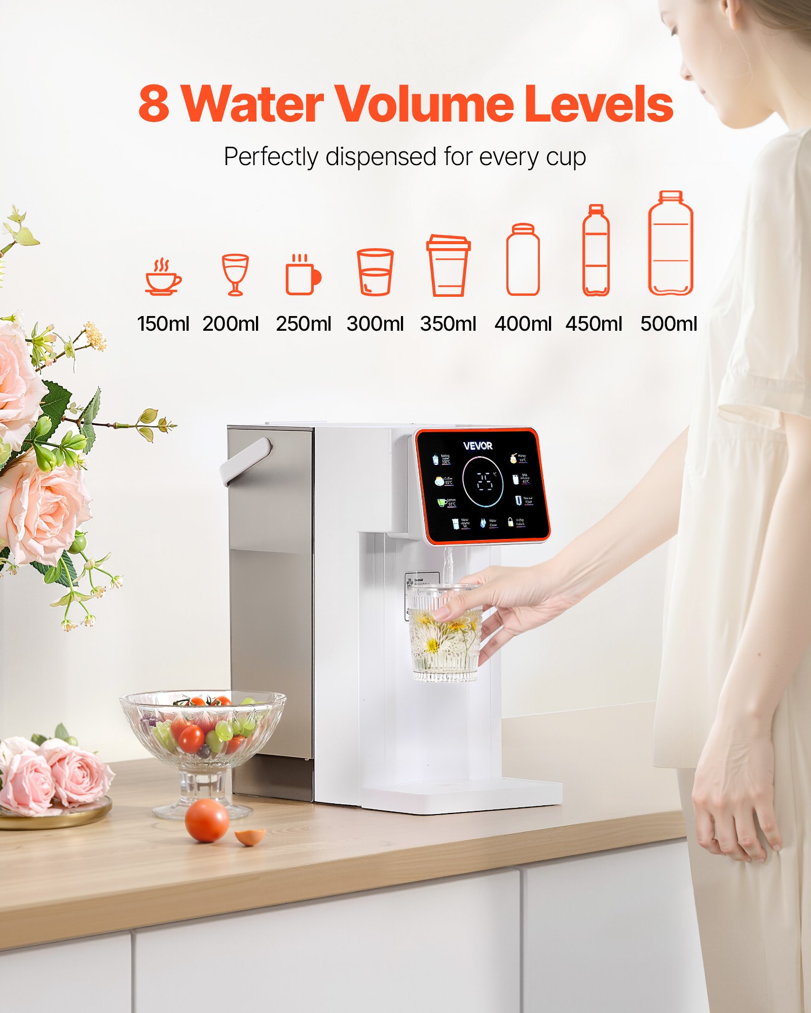 Dispensador de agua caliente instantánea VEVOR, dispensador de agua hirviendo de sobremesa con 6 temperaturas y 7 volúmenes de agua ajustables, depósito de agua extraíble de 3 litros (101 oz), calentamiento rápido con pantalla táctil y bloqueo infantil para el hogar
