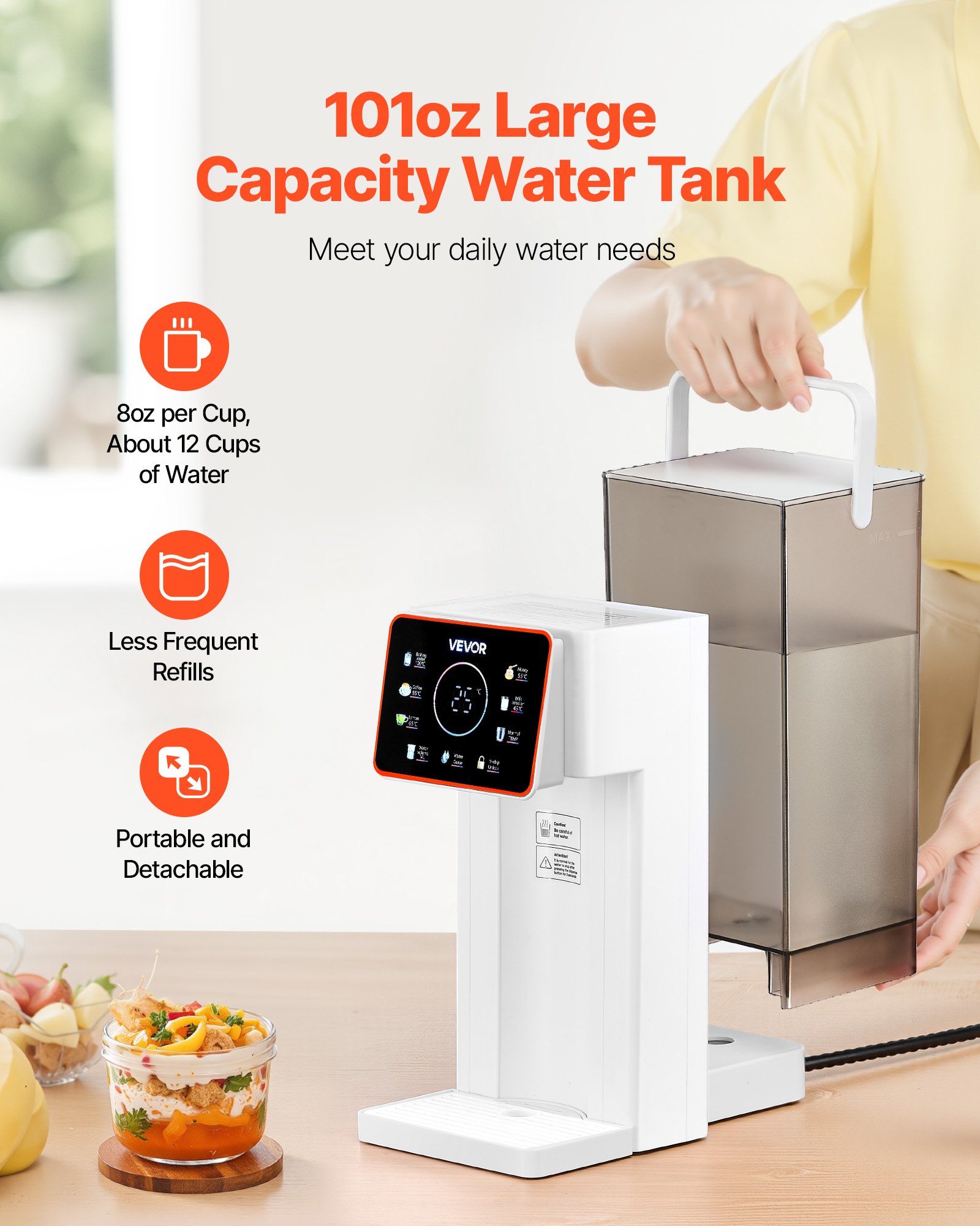 Dispensador de agua caliente instantánea VEVOR, dispensador de agua hirviendo de sobremesa con 6 temperaturas y 7 volúmenes de agua ajustables, depósito de agua extraíble de 3 litros (101 oz), calentamiento rápido con pantalla táctil y bloqueo infantil para el hogar