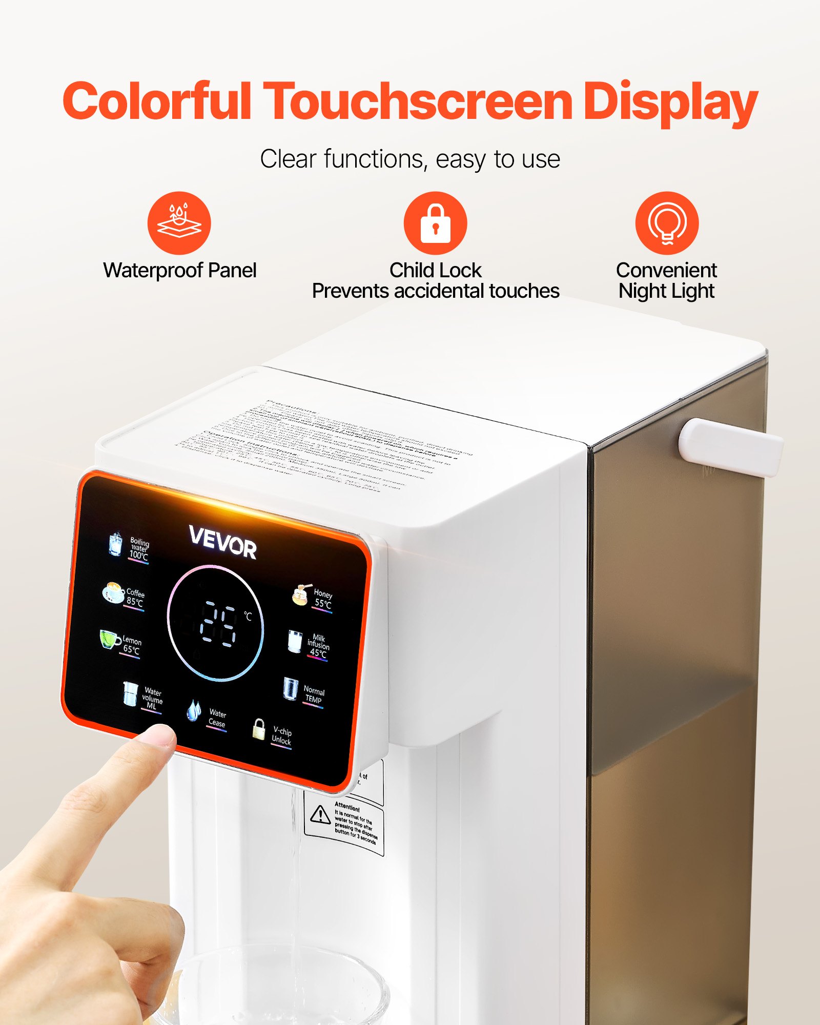 Dispensador de agua caliente instantánea VEVOR, dispensador de agua hirviendo de sobremesa con 6 temperaturas y 7 volúmenes de agua ajustables, depósito de agua extraíble de 3 litros (101 oz), calentamiento rápido con pantalla táctil y bloqueo infantil para el hogar