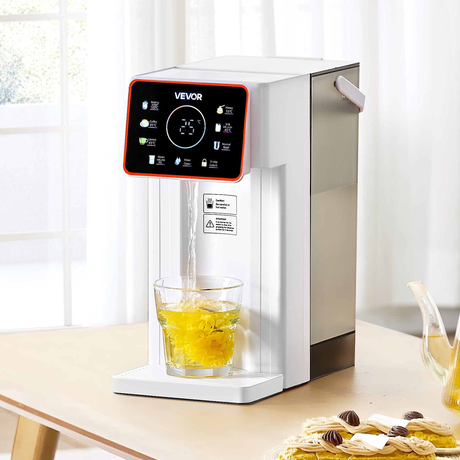 Dispensador de agua caliente instantánea VEVOR, dispensador de agua hirviendo de sobremesa con 6 temperaturas y 7 volúmenes de agua ajustables, depósito de agua extraíble de 3 litros (101 oz), calentamiento rápido con pantalla táctil y bloqueo infantil para el hogar