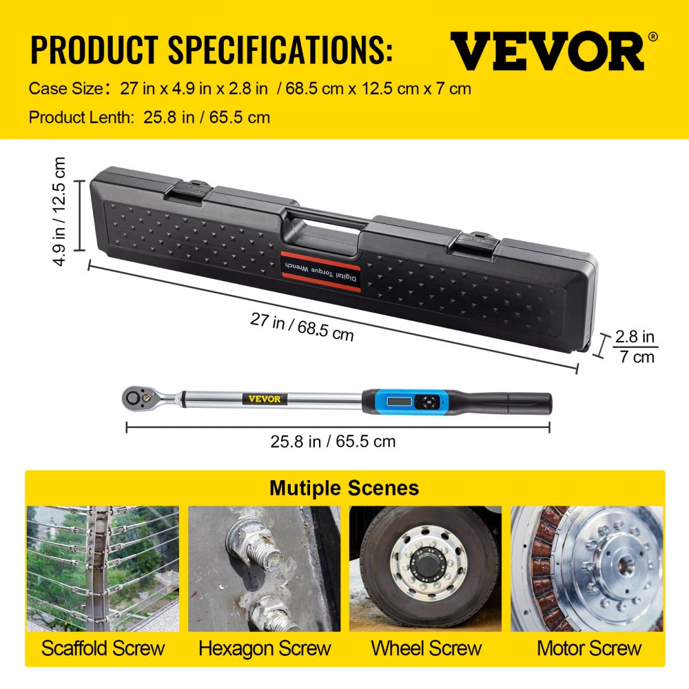 Llave dinamométrica digital VEVOR Llave dinamométrica ajustable Impulsión de 1/2" 12.5-250.7 ft-lb