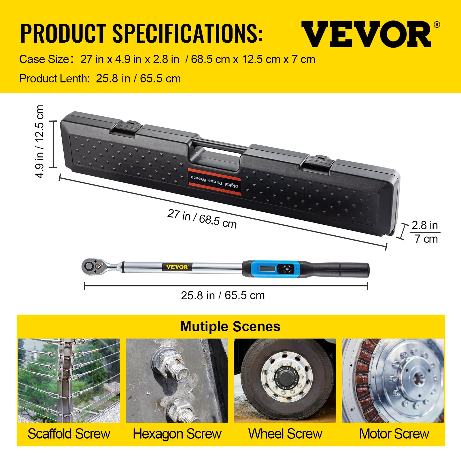 Llave dinamométrica digital VEVOR Llave dinamométrica ajustable Impulsión de 1/2" 12.5-250.7 ft-lb