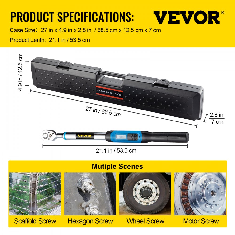 Llave dinamométrica digital VEVOR Llave dinamométrica ajustable Impulsión de 1/2" 7.47-147.5 ft-lb